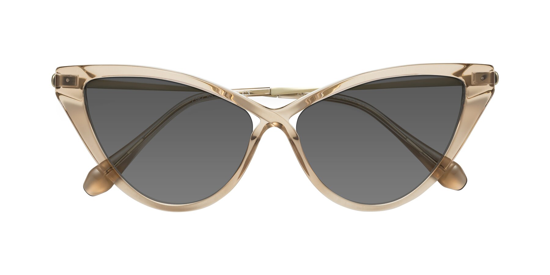 Folded Front of Lucasta in Champagne with Medium Gray Tinted Lenses