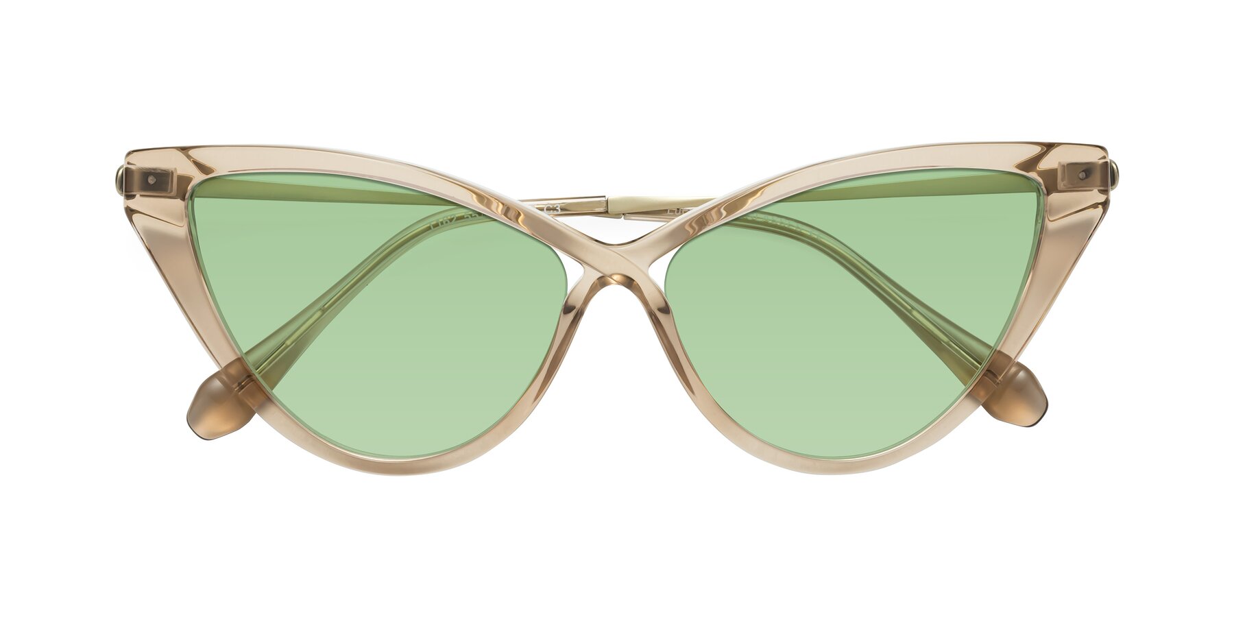 Folded Front of Lucasta in Champagne with Medium Green Tinted Lenses