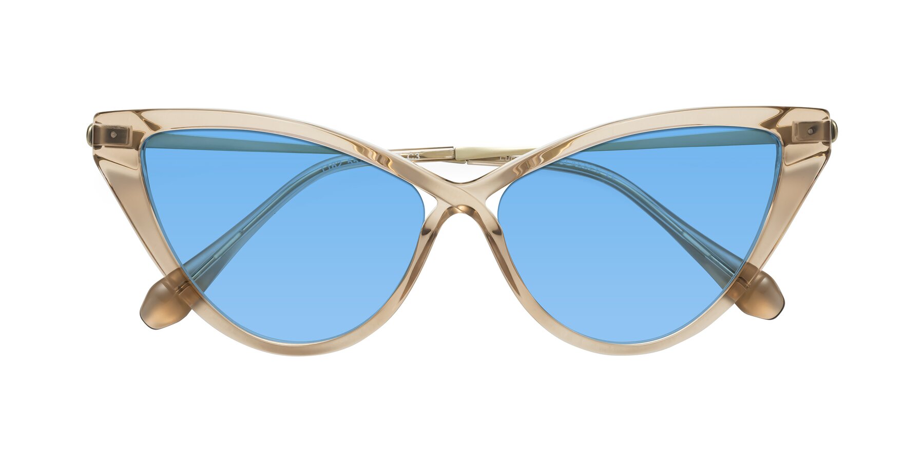 Folded Front of Lucasta in Champagne with Medium Blue Tinted Lenses