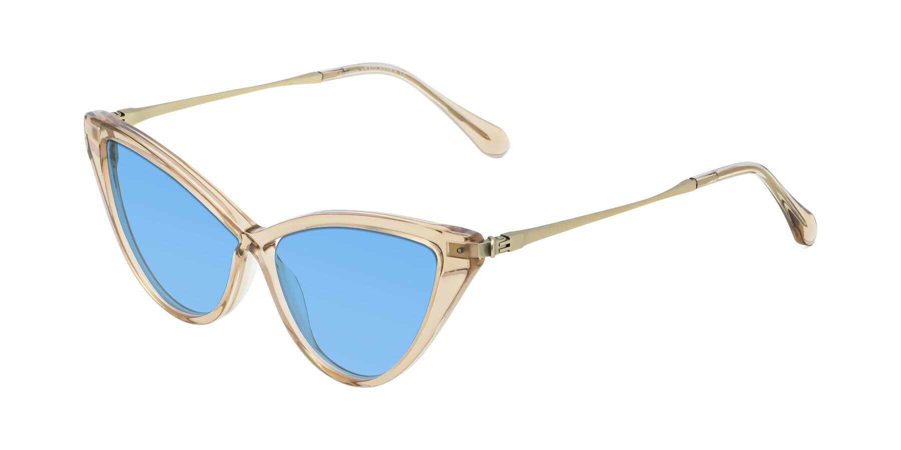 Angle of Lucasta in Champagne with Medium Blue Tinted Lenses