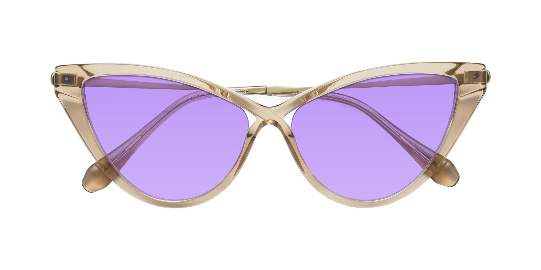 Folded Front of Lucasta in Champagne with Medium Purple Tinted Lenses