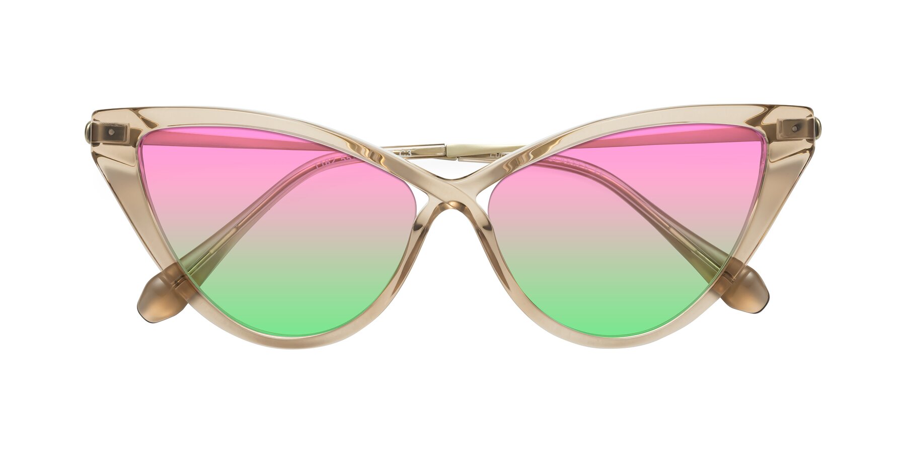 Folded Front of Lucasta in Champagne with Pink / Green Gradient Lenses