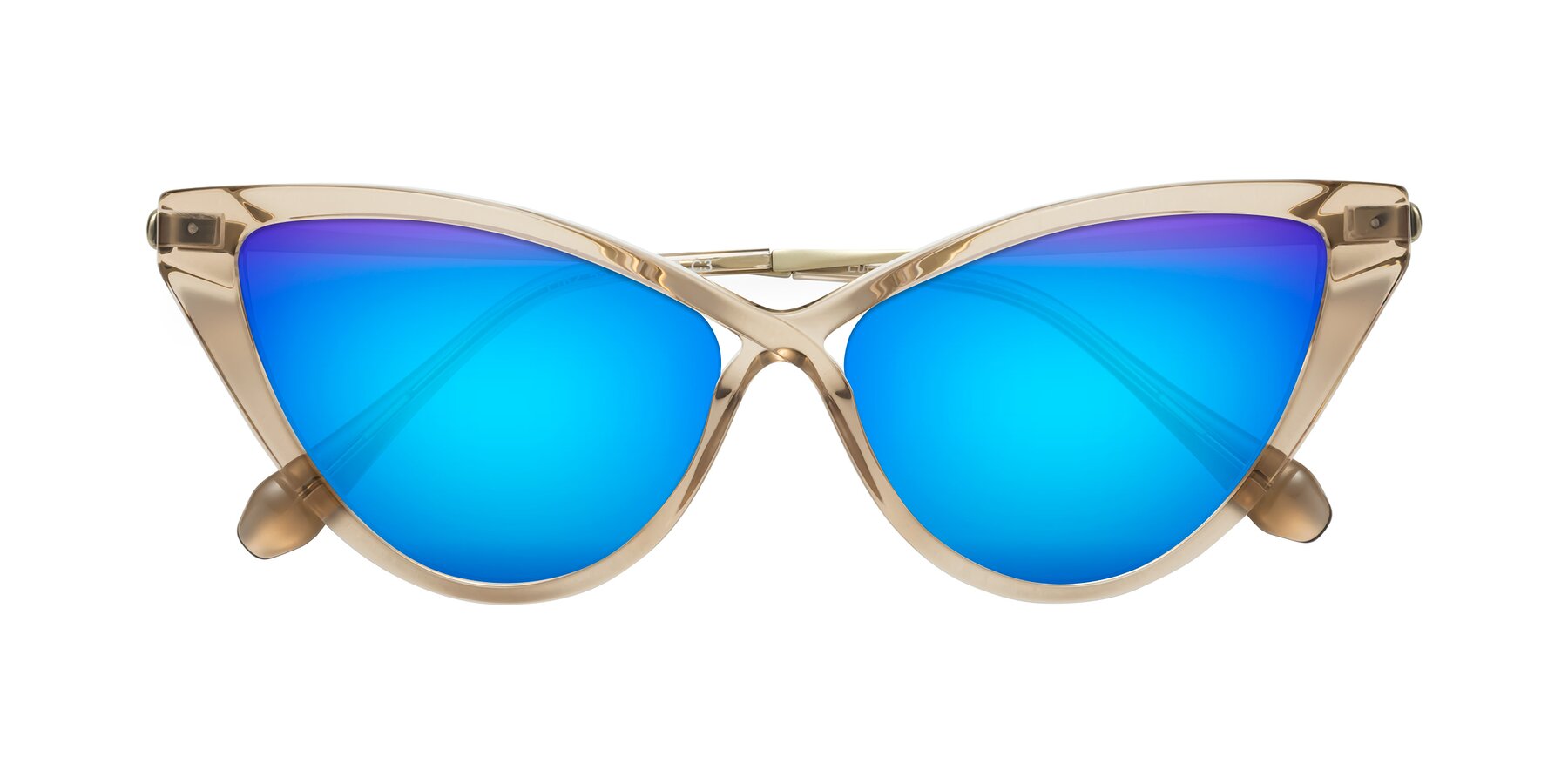Folded Front of Lucasta in Champagne with Blue Mirrored Lenses