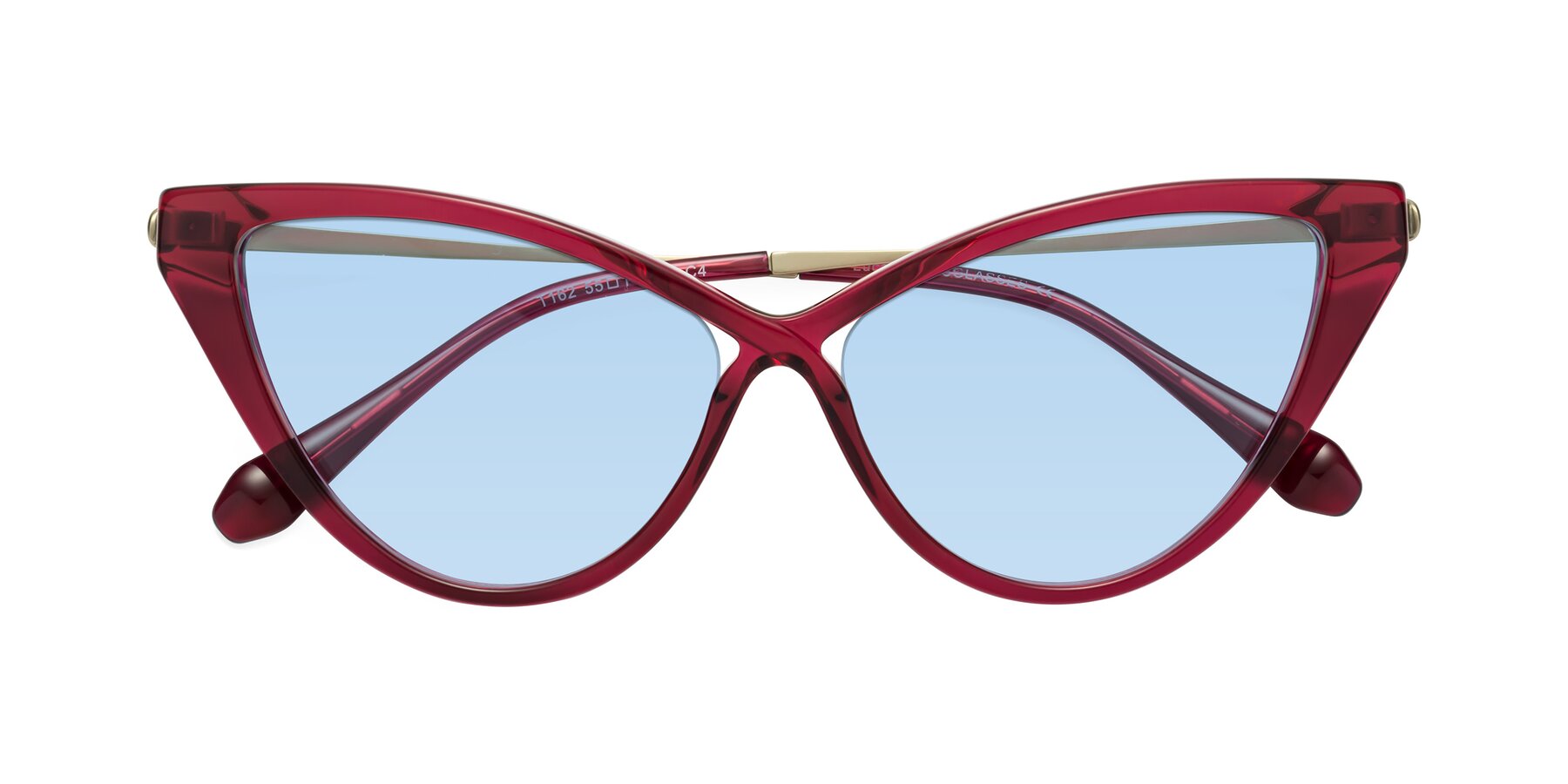 Folded Front of Lucasta in Wine with Light Blue Tinted Lenses