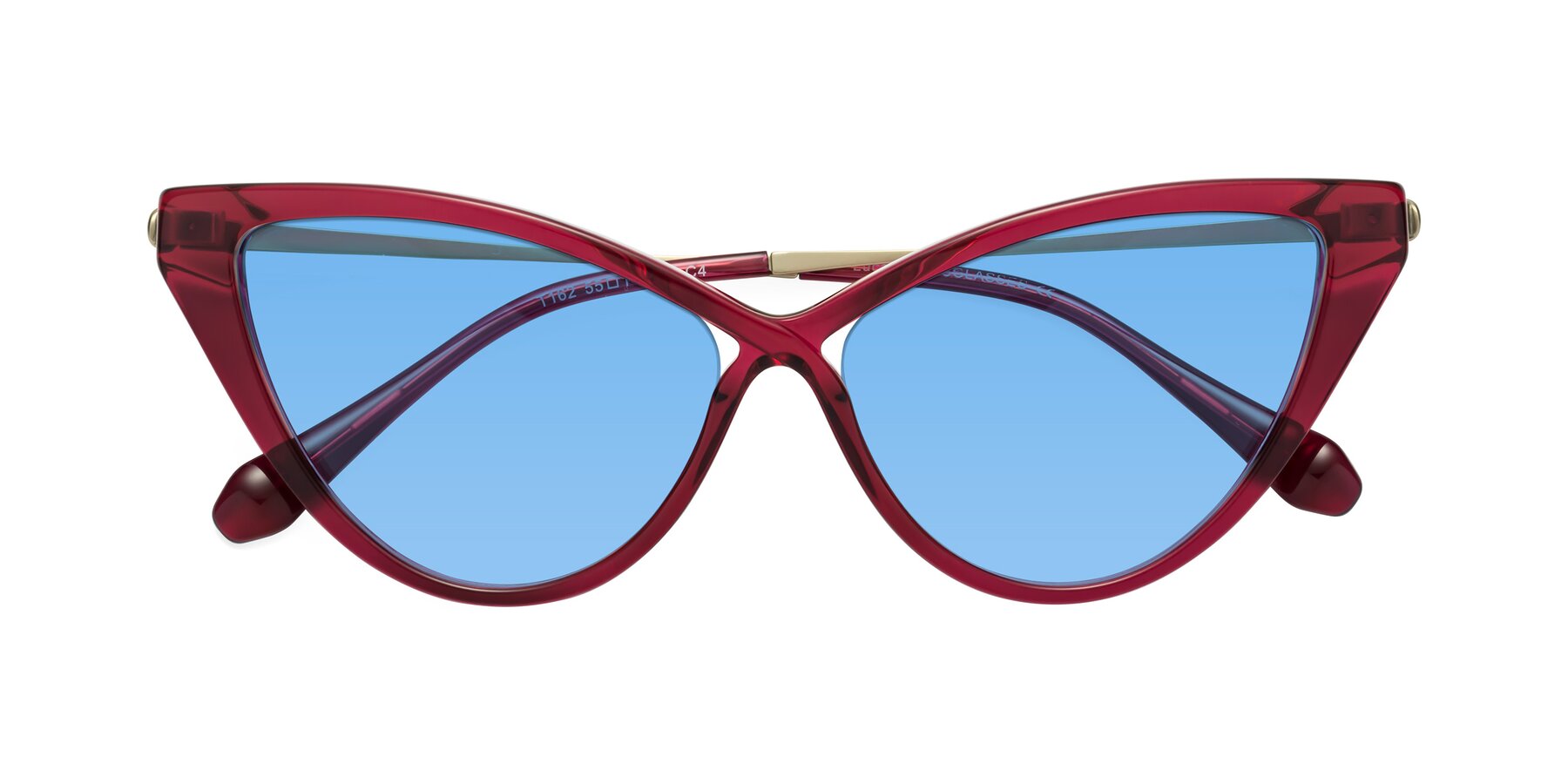 Folded Front of Lucasta in Wine with Medium Blue Tinted Lenses