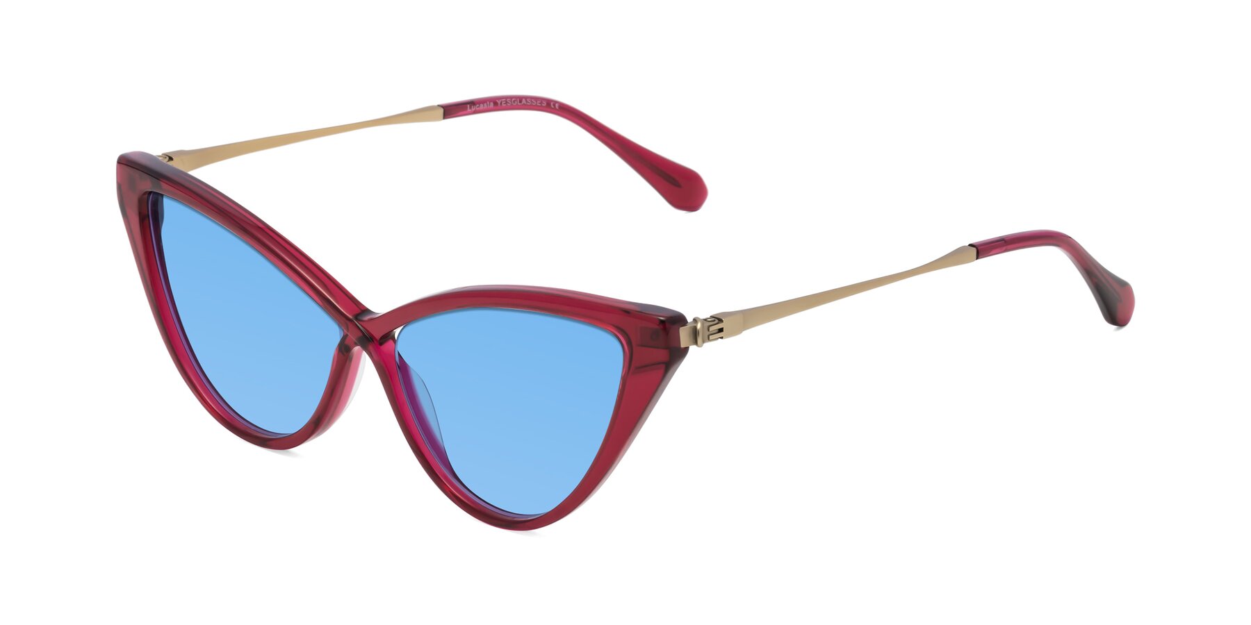 Angle of Lucasta in Wine with Medium Blue Tinted Lenses