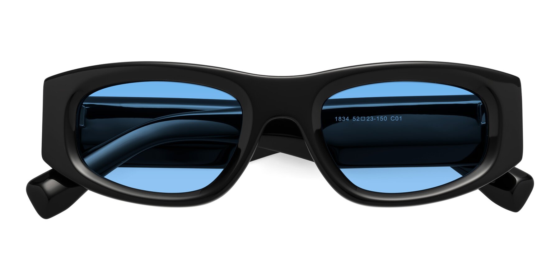 Folded Front of Elm in Black with Medium Blue Tinted Lenses