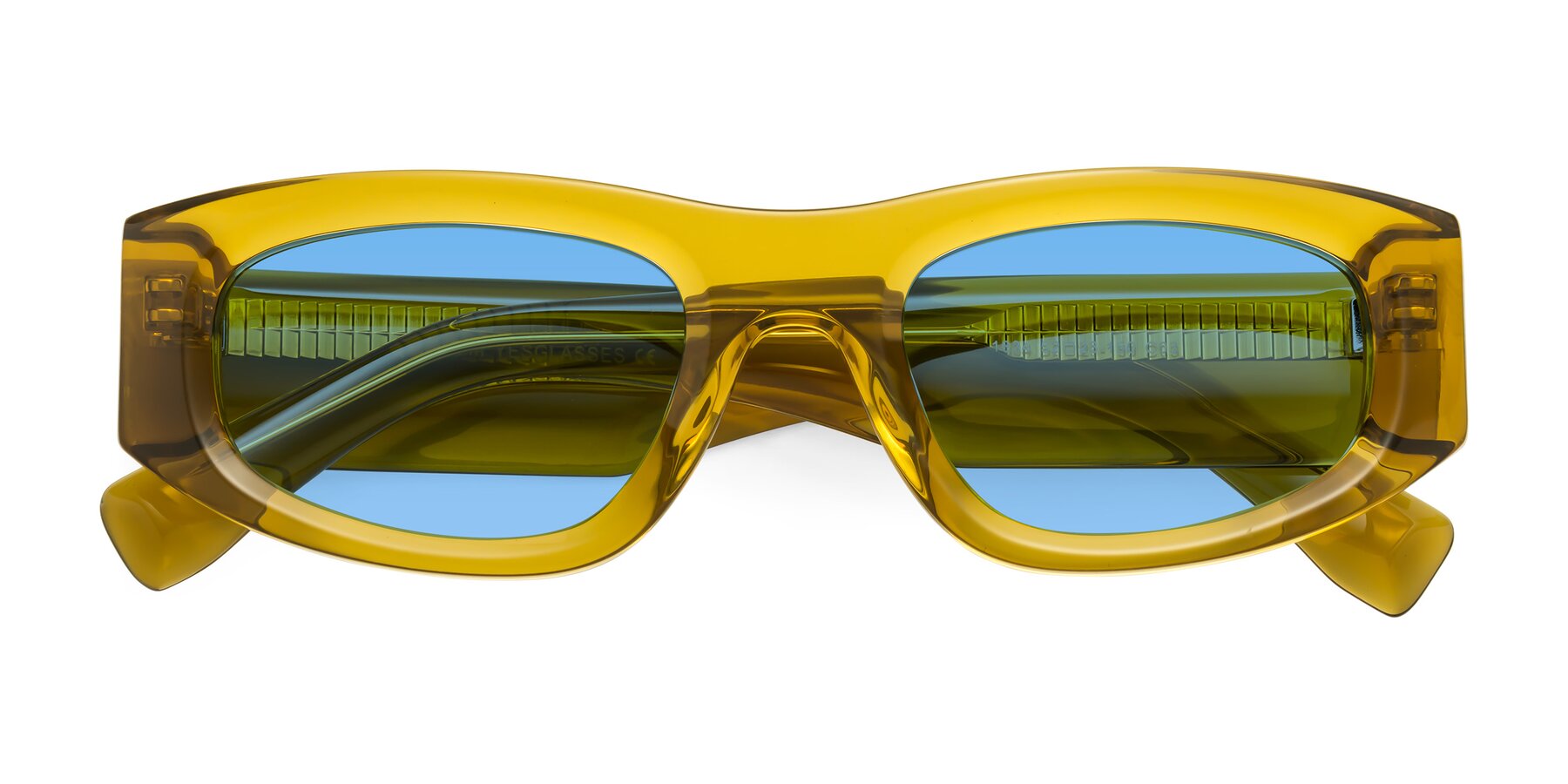 Folded Front of Elm in Honey with Medium Blue Tinted Lenses