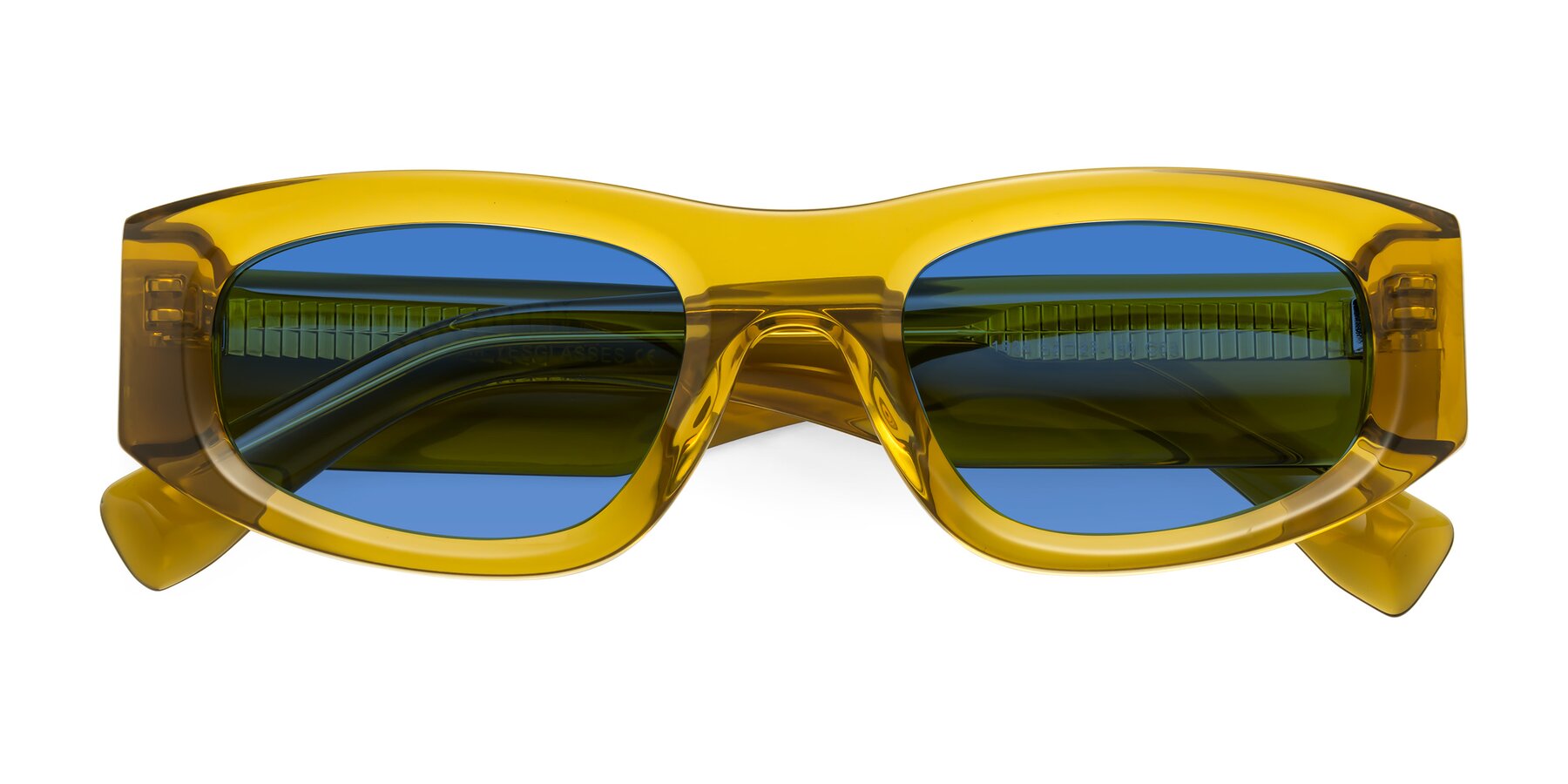 Folded Front of Elm in Honey with Blue Tinted Lenses