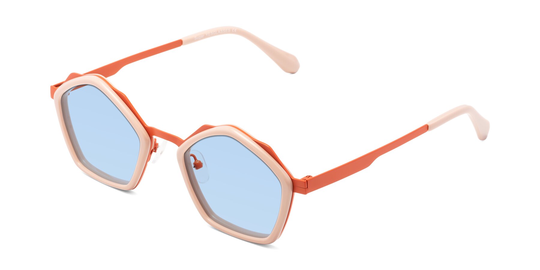 Angle of Sugar in Pink-Orange with Light Blue Tinted Lenses