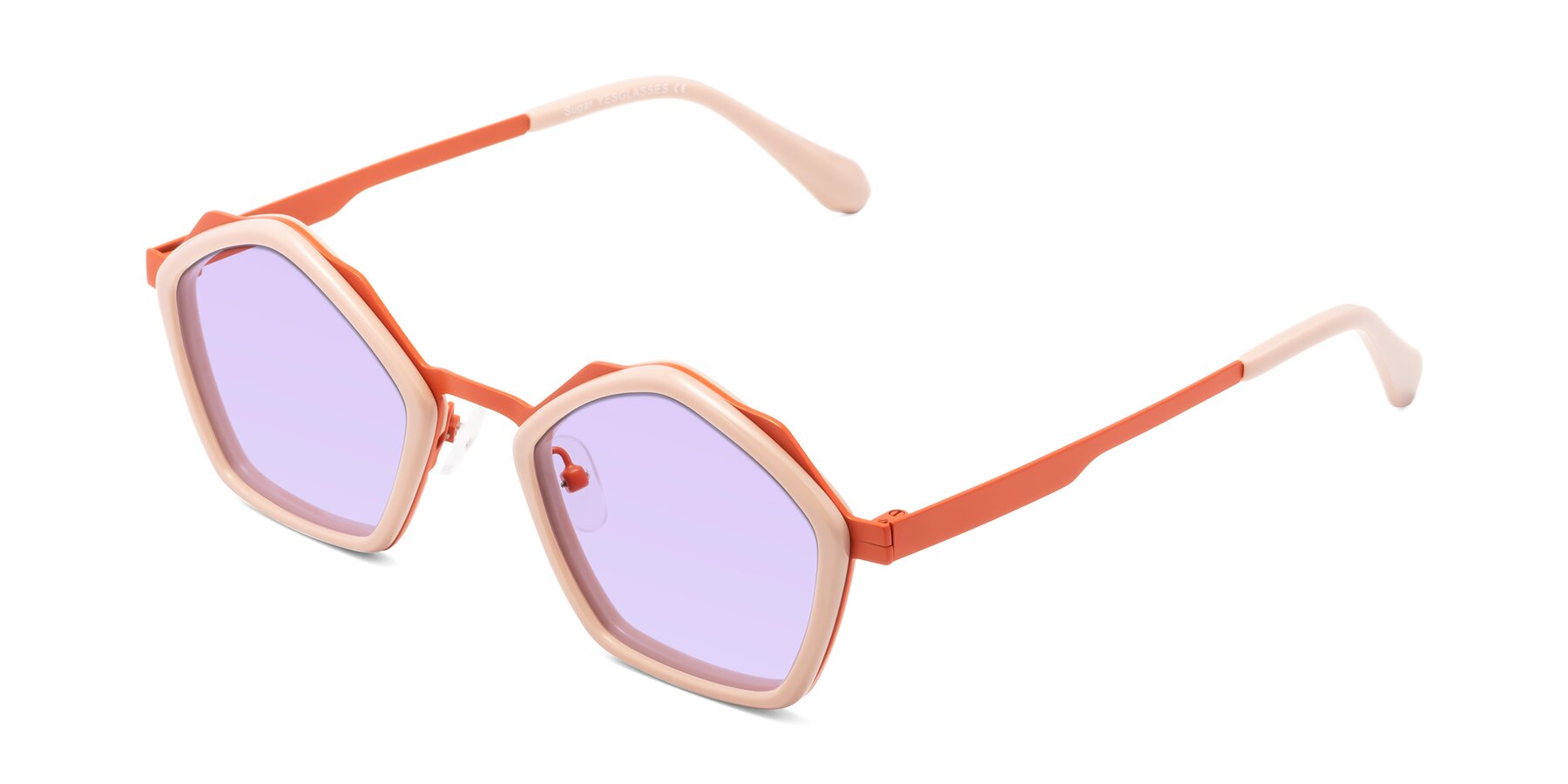 Angle of Sugar in Pink-Orange with Light Purple Tinted Lenses