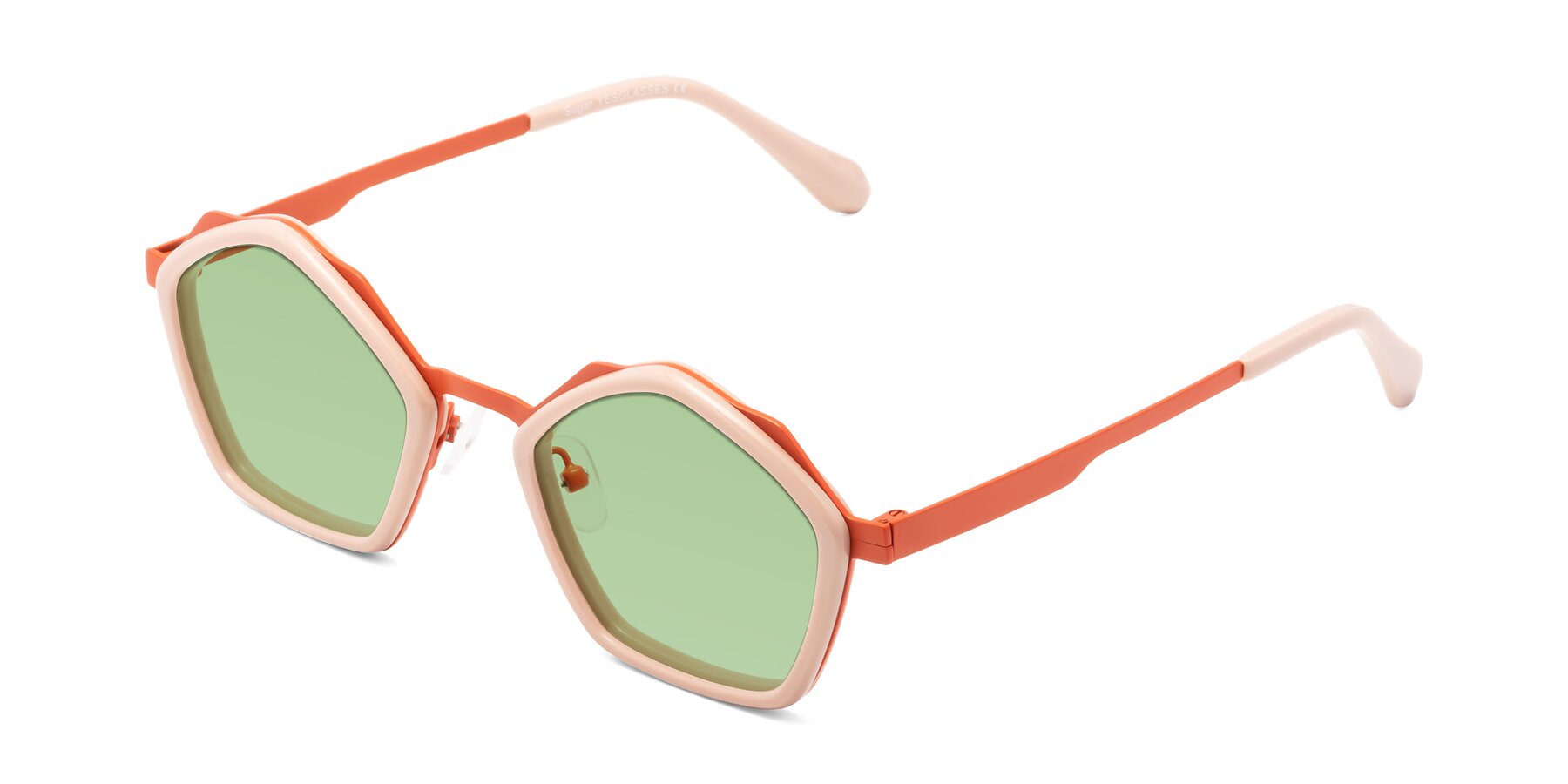 Angle of Sugar in Pink-Orange with Medium Green Tinted Lenses