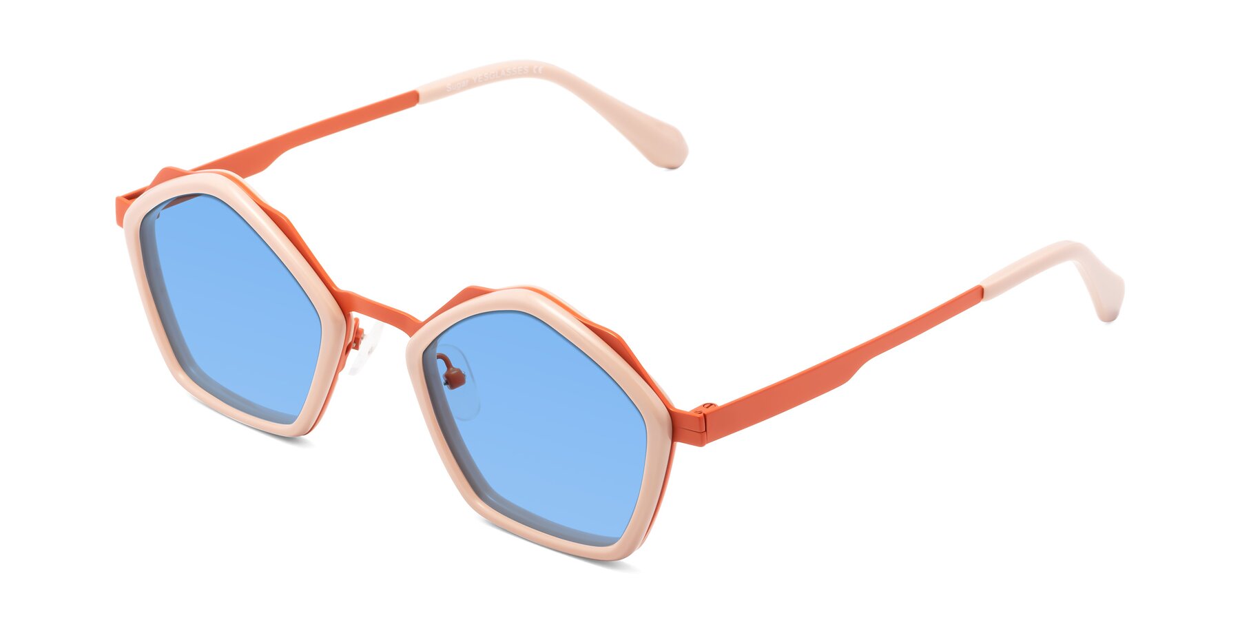 Angle of Sugar in Pink-Orange with Medium Blue Tinted Lenses