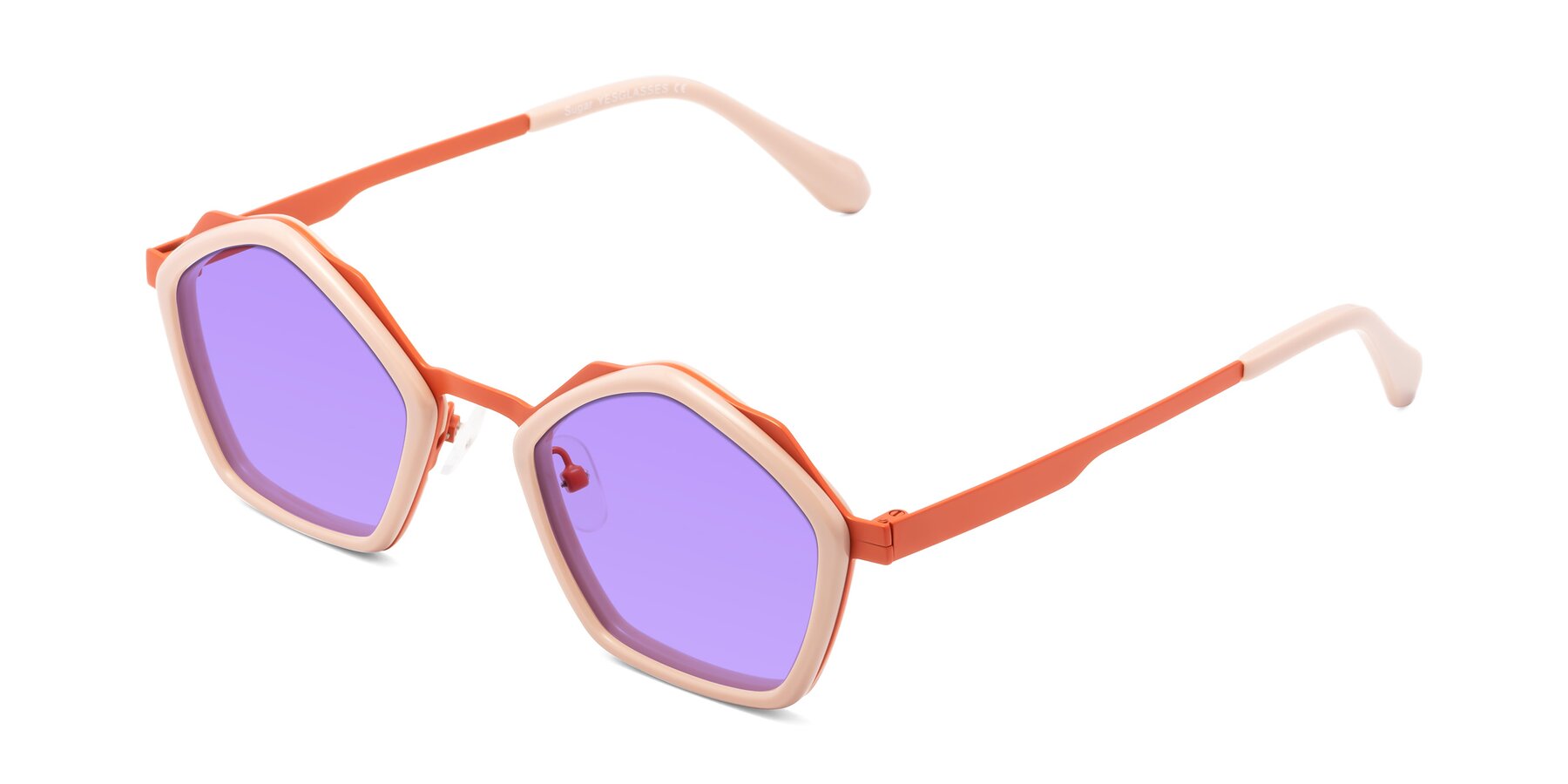 Angle of Sugar in Pink-Orange with Medium Purple Tinted Lenses
