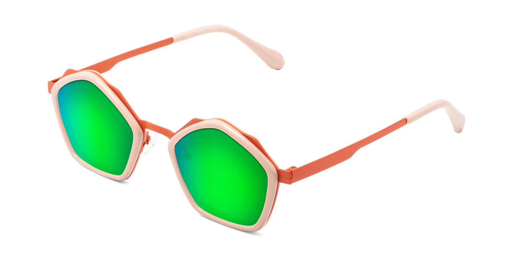 Angle of Sugar in Pink-Orange with Green Mirrored Lenses