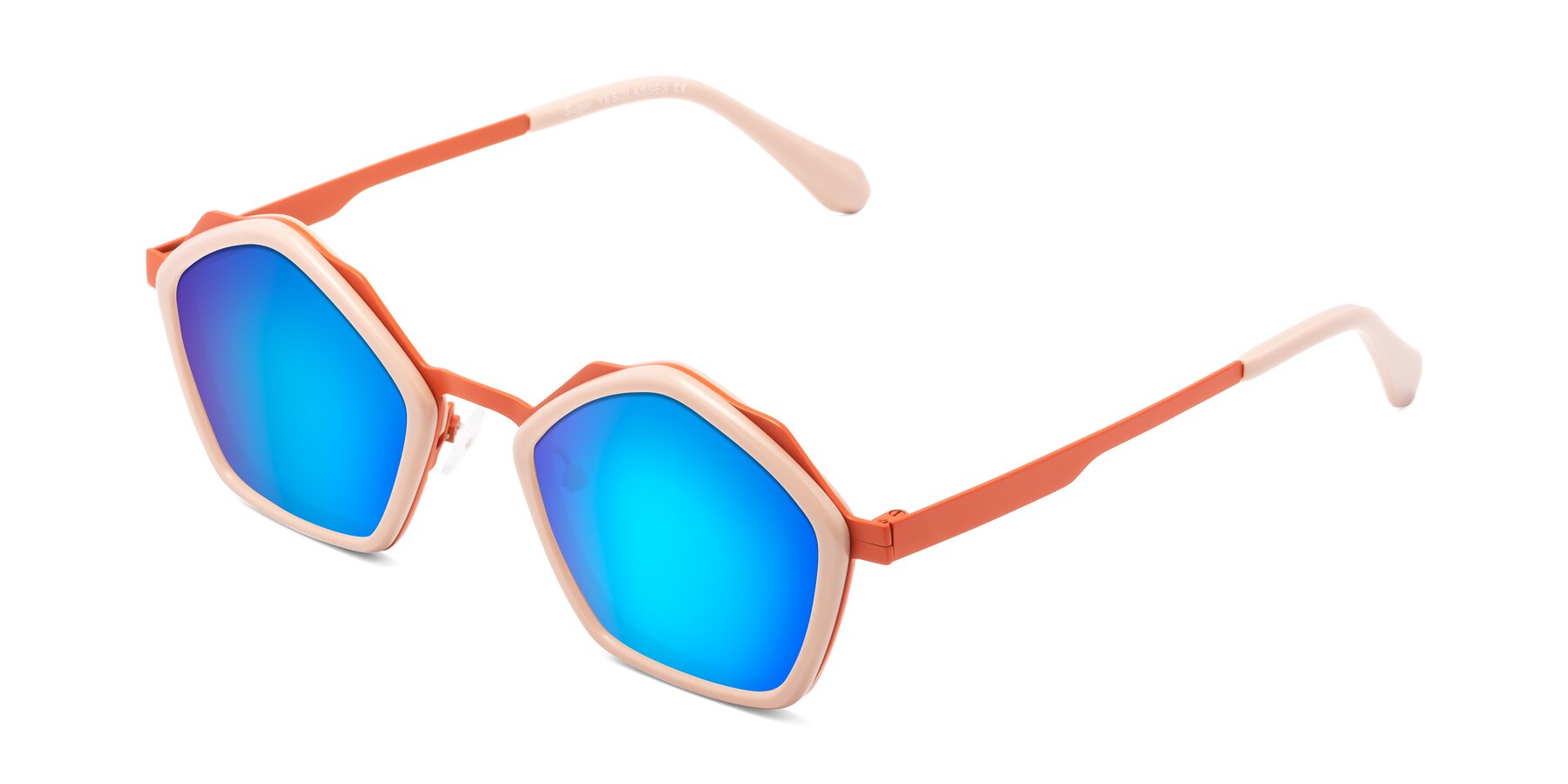 Angle of Sugar in Pink-Orange with Blue Mirrored Lenses