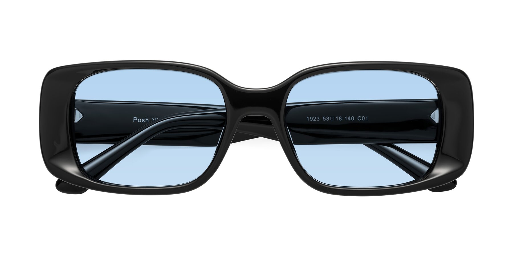 Folded Front of Posh in Black with Light Blue Tinted Lenses