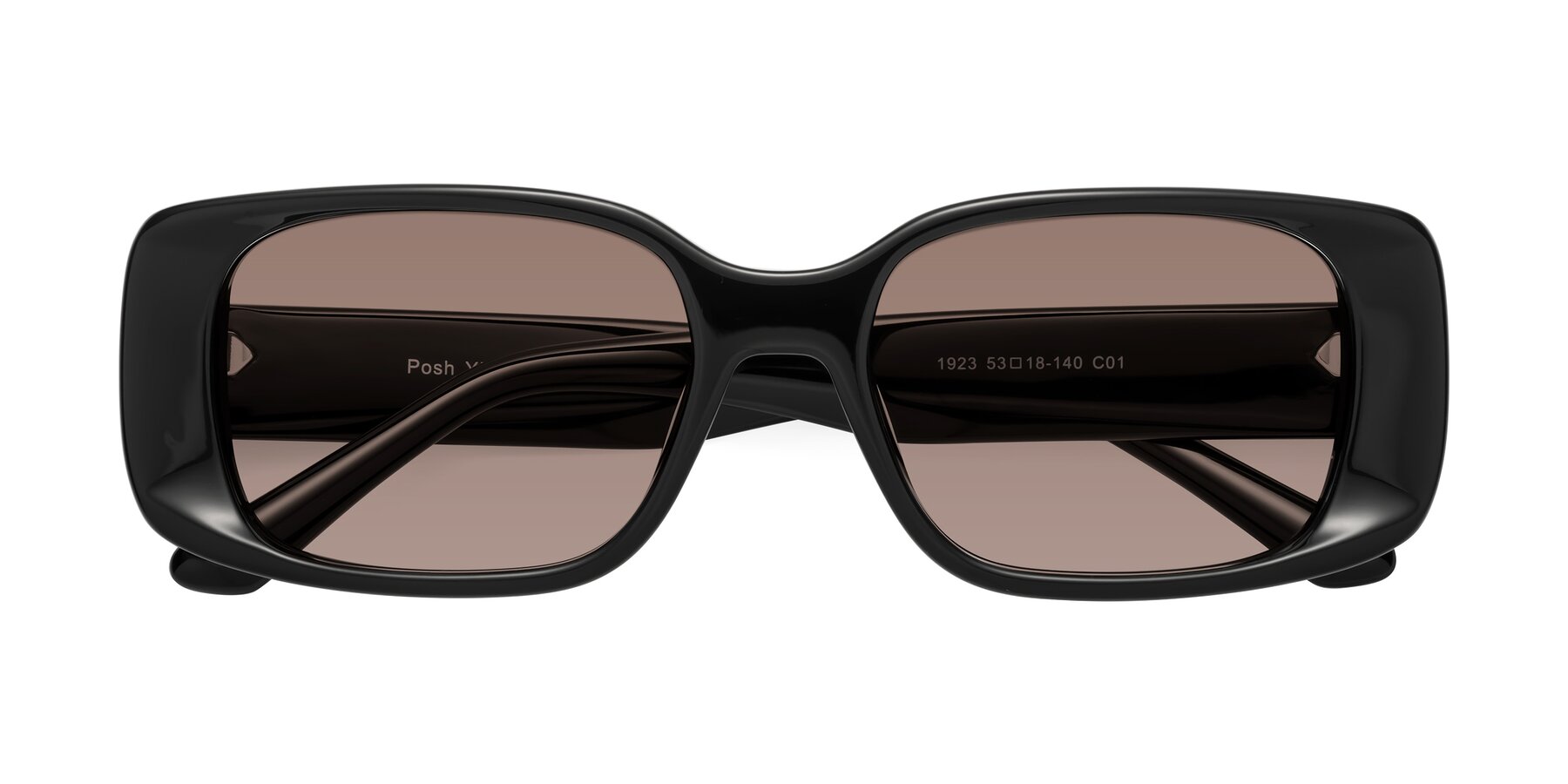 Folded Front of Posh in Black with Medium Brown Tinted Lenses
