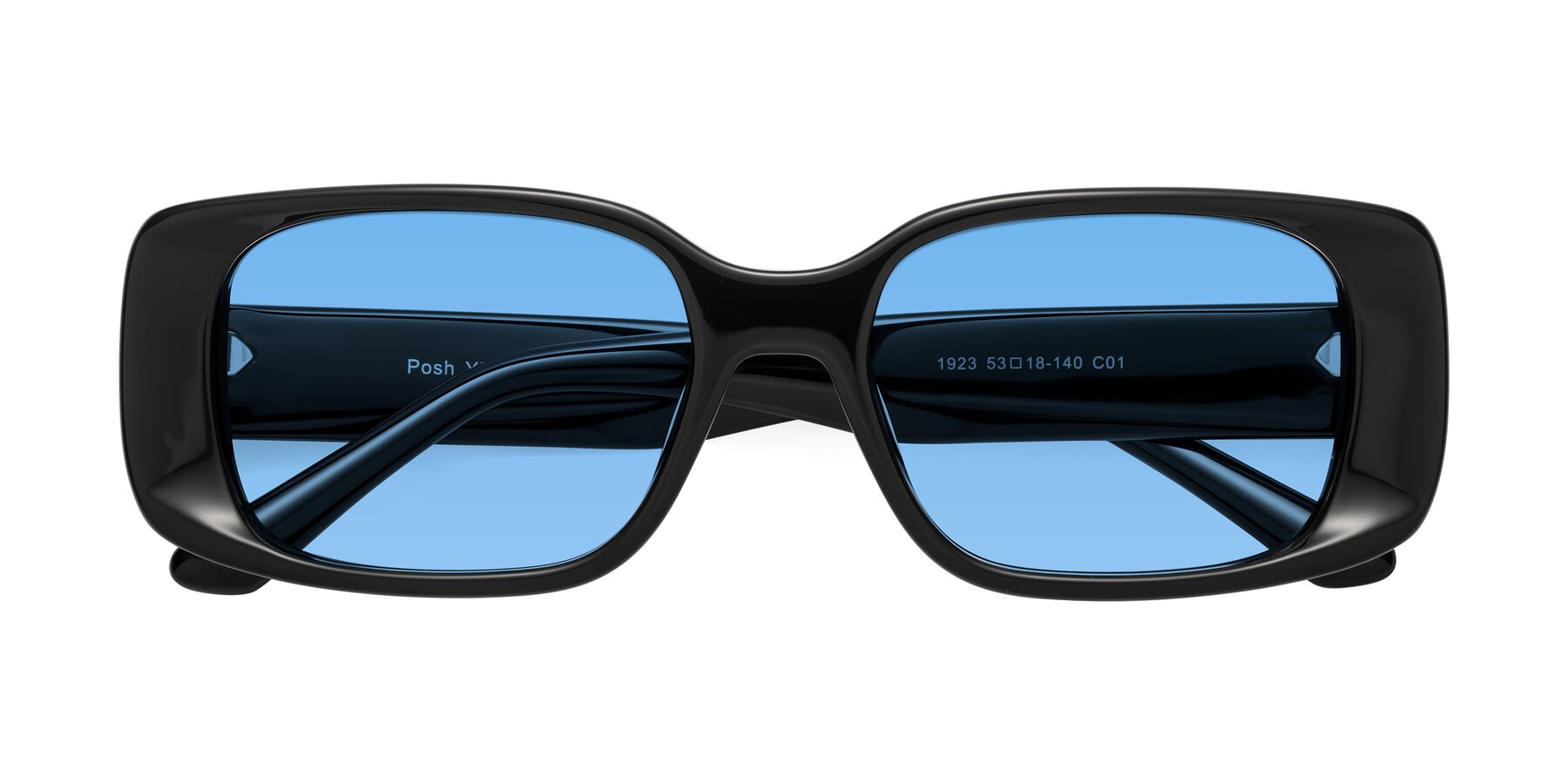 Folded Front of Posh in Black with Medium Blue Tinted Lenses