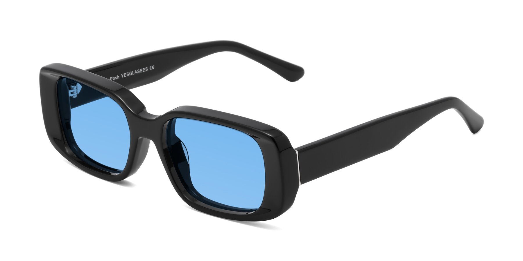Angle of Posh in Black with Medium Blue Tinted Lenses