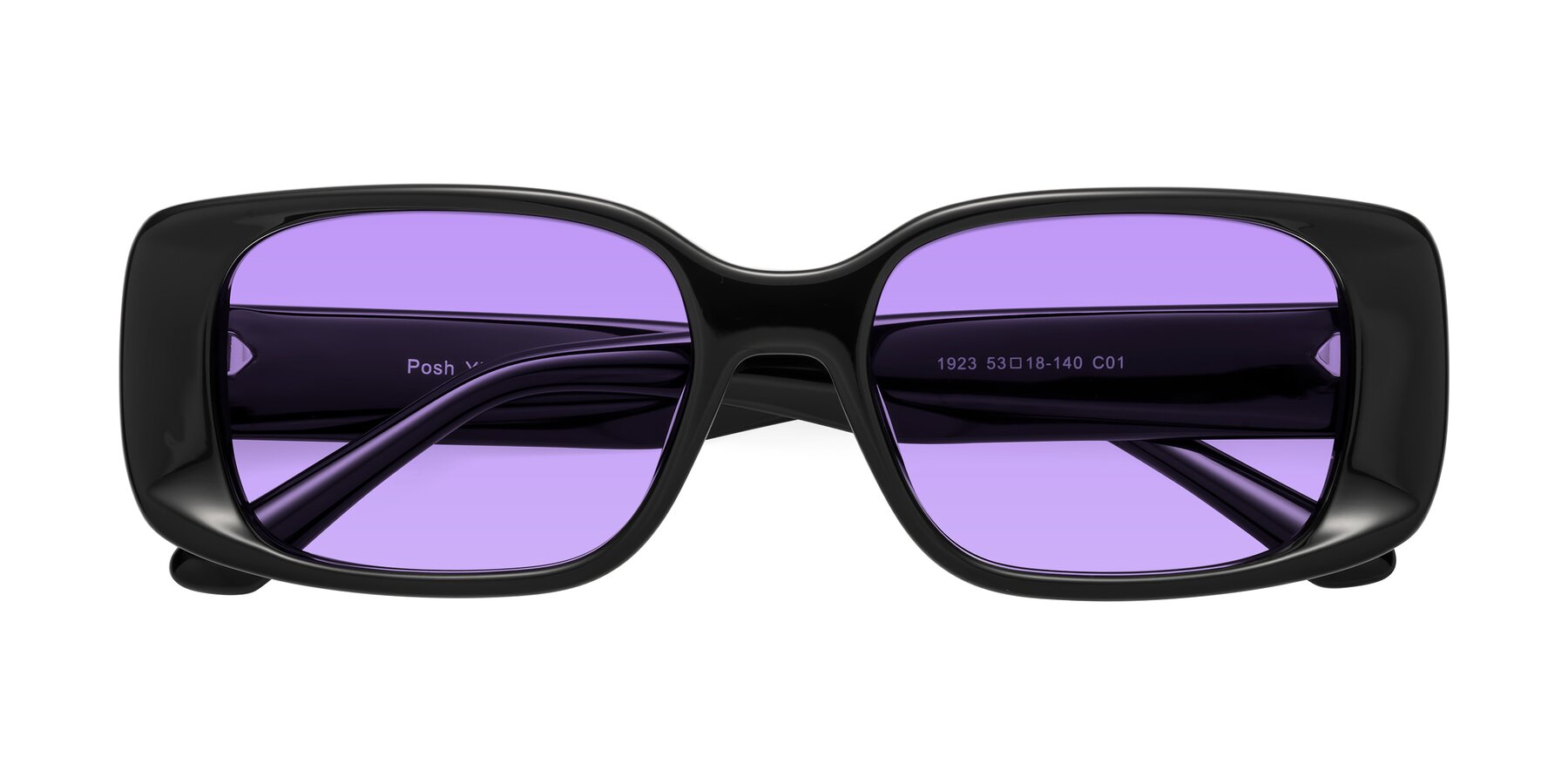 Folded Front of Posh in Black with Medium Purple Tinted Lenses