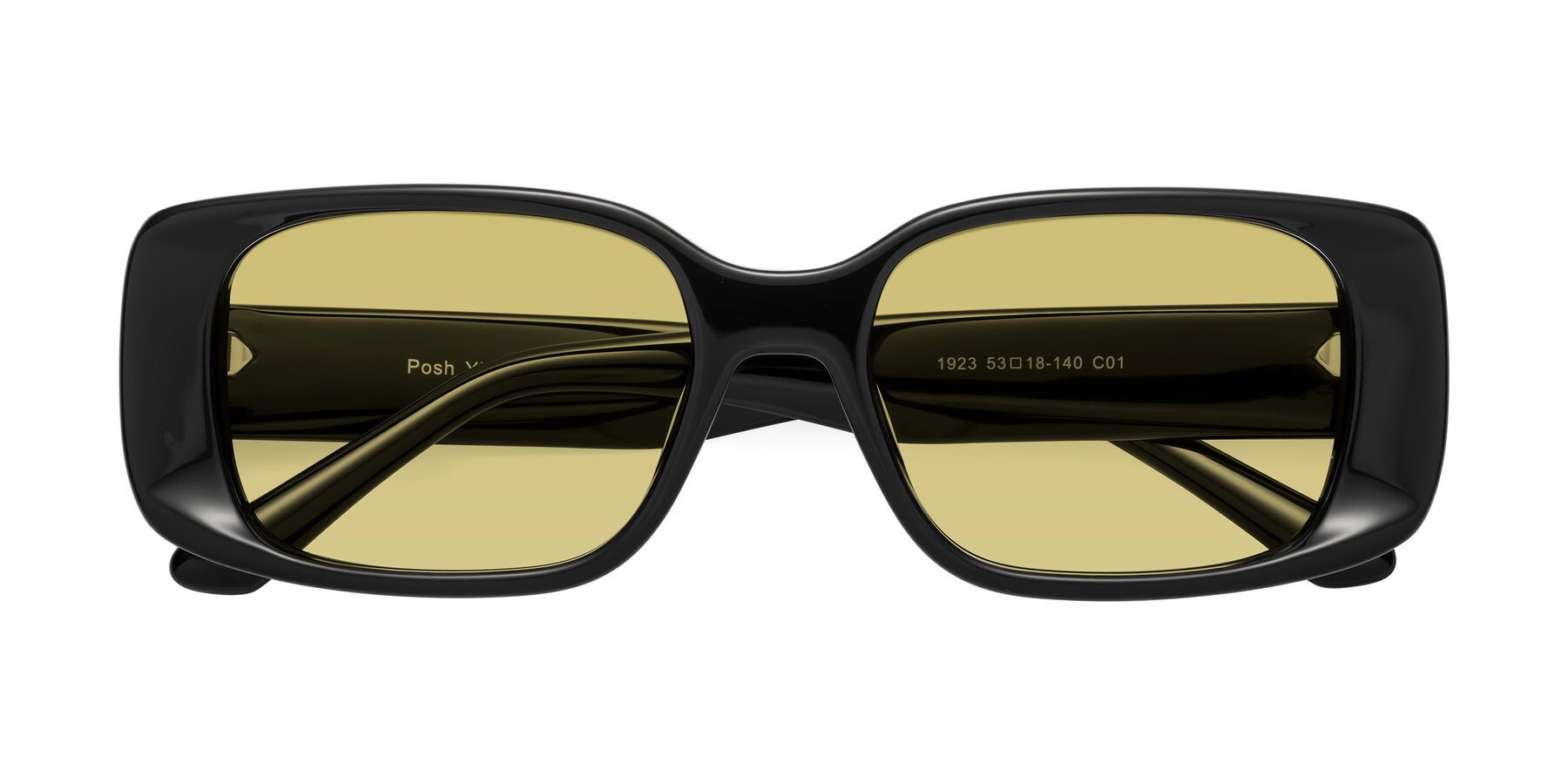 Folded Front of Posh in Black with Medium Champagne Tinted Lenses