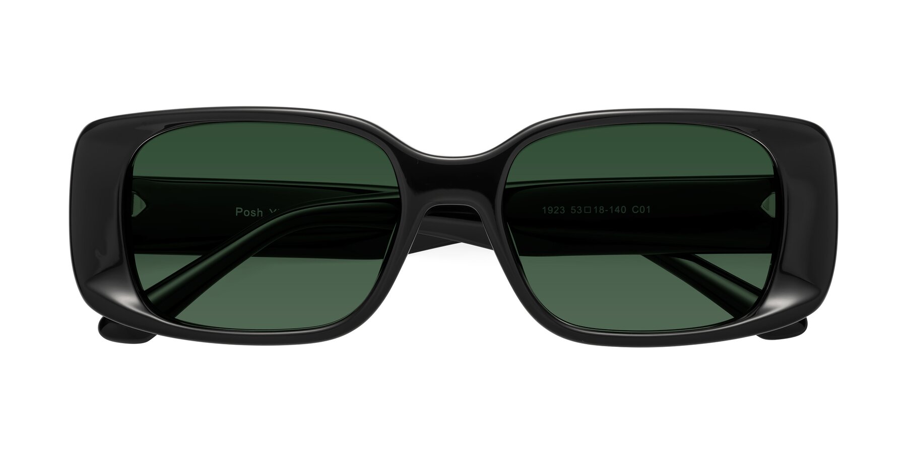 Folded Front of Posh in Black with Green Tinted Lenses