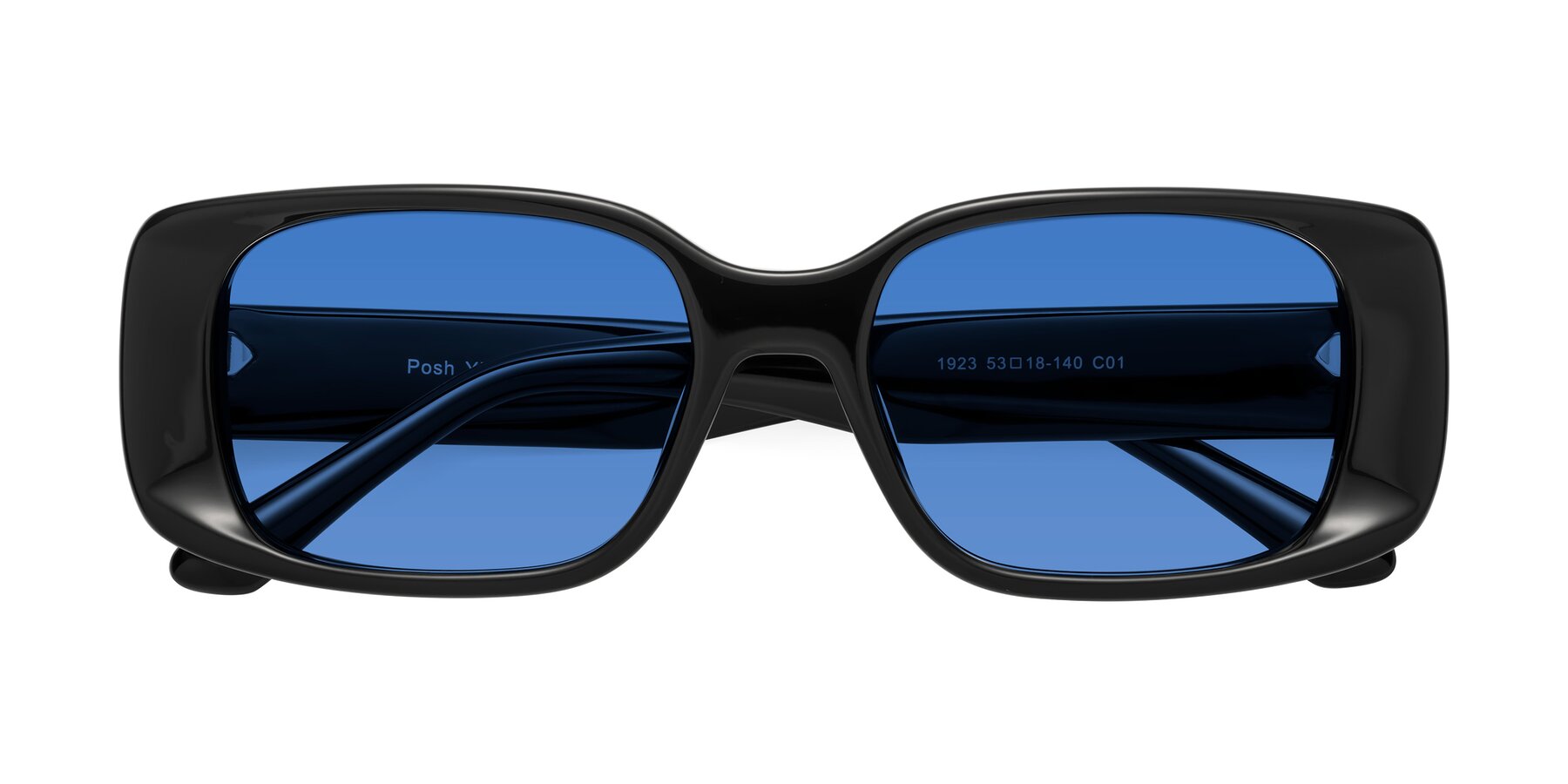 Folded Front of Posh in Black with Blue Tinted Lenses