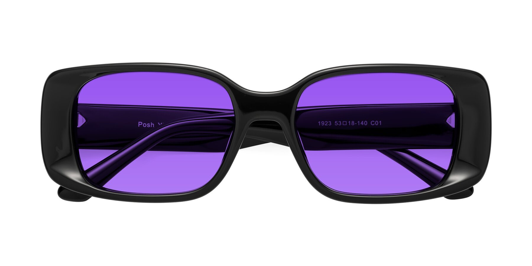Folded Front of Posh in Black with Purple Tinted Lenses
