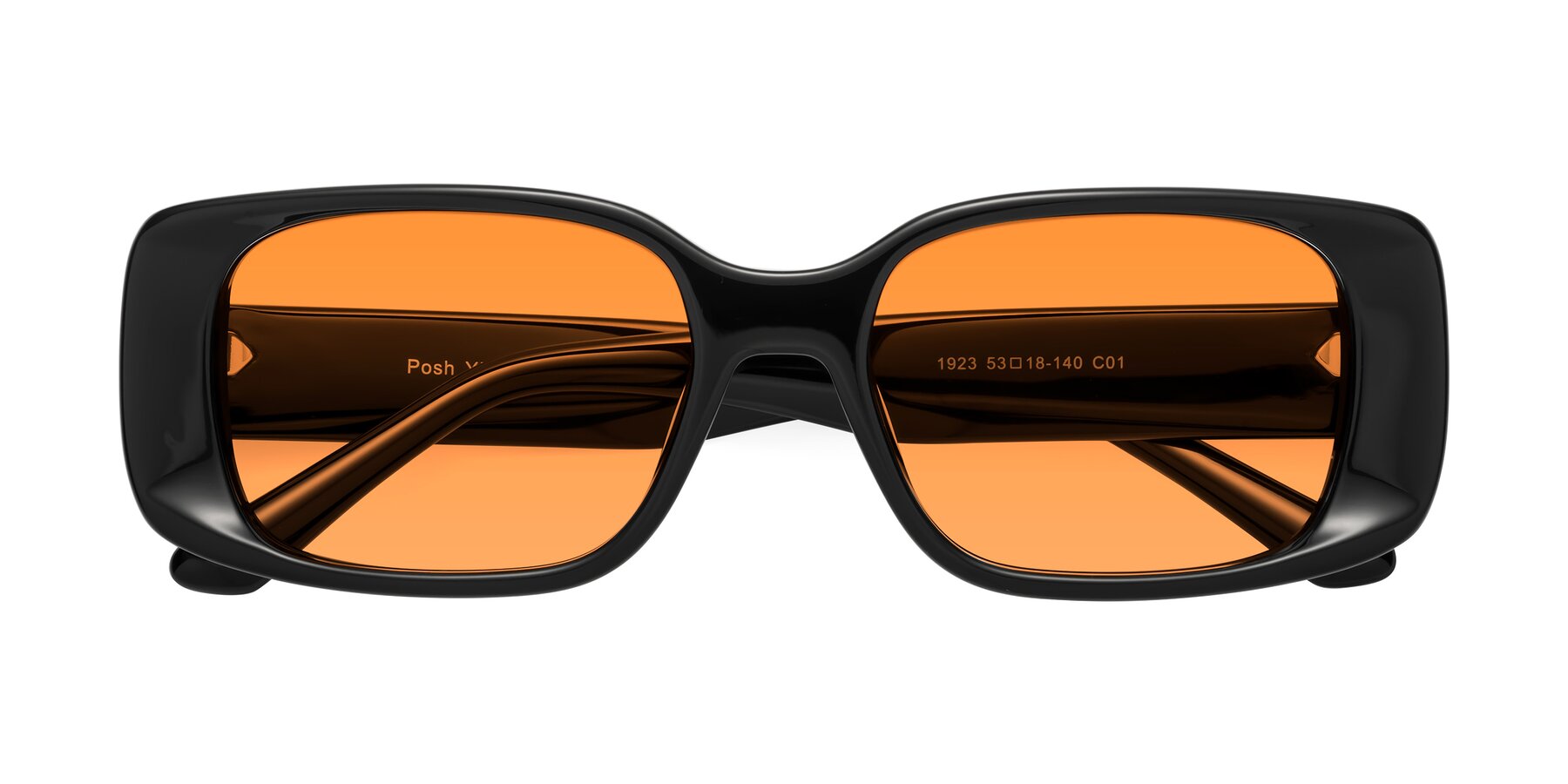 Folded Front of Posh in Black with Orange Tinted Lenses