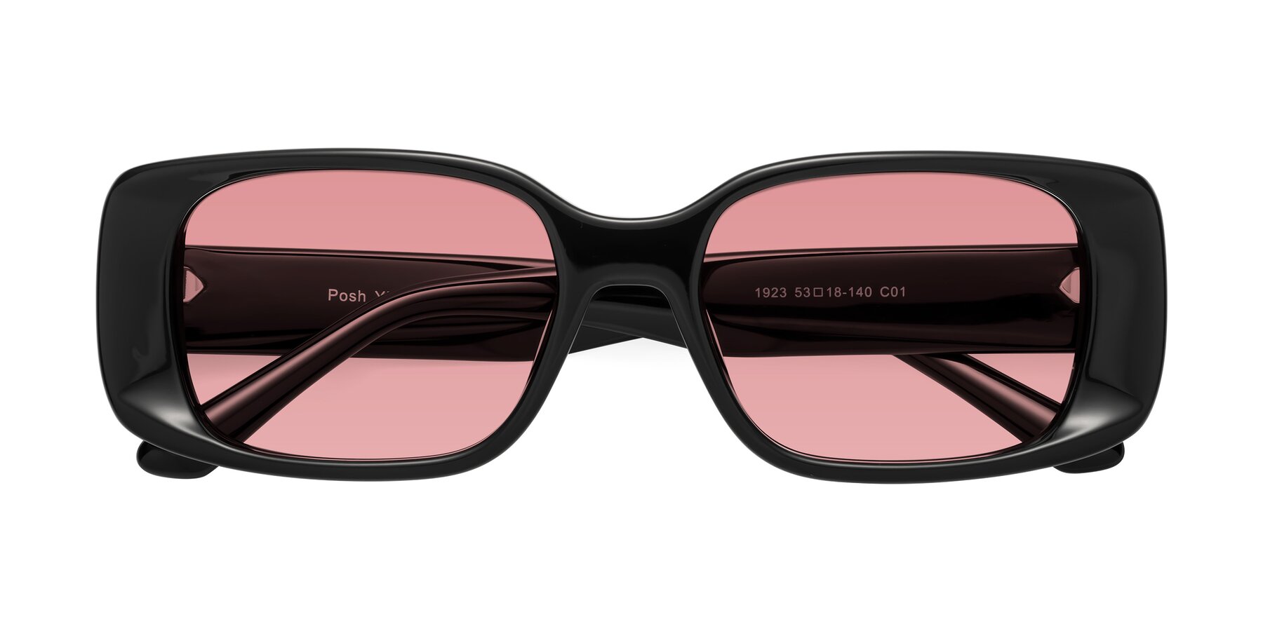 Folded Front of Posh in Black with Medium Garnet Tinted Lenses