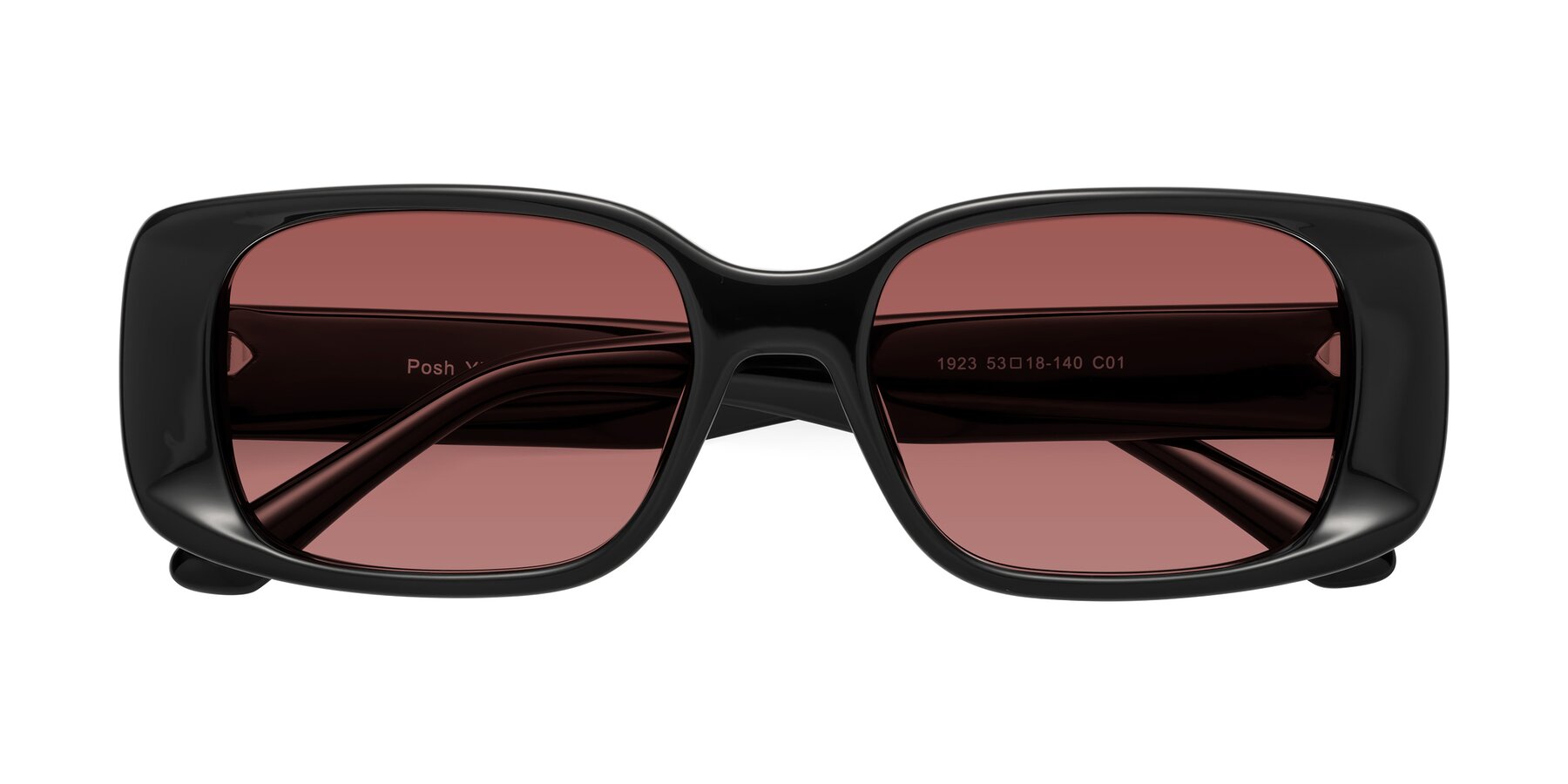 Folded Front of Posh in Black with Garnet Tinted Lenses