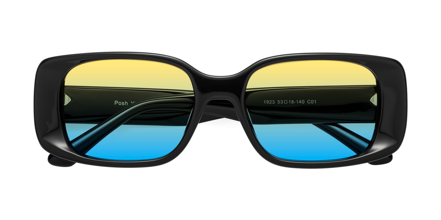 Folded Front of Posh in Black with Yellow / Blue Gradient Lenses