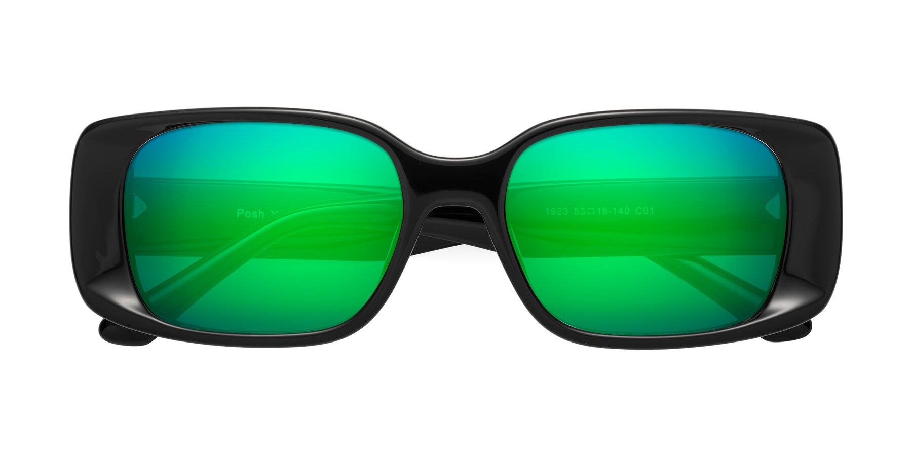 Folded Front of Posh in Black with Green Mirrored Lenses