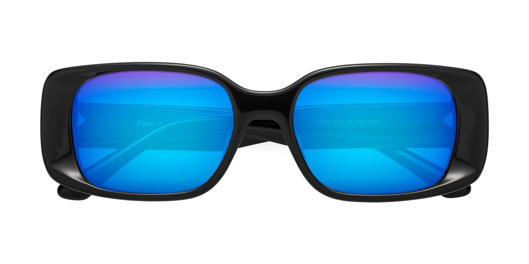Folded Front of Posh in Black with Blue Mirrored Lenses