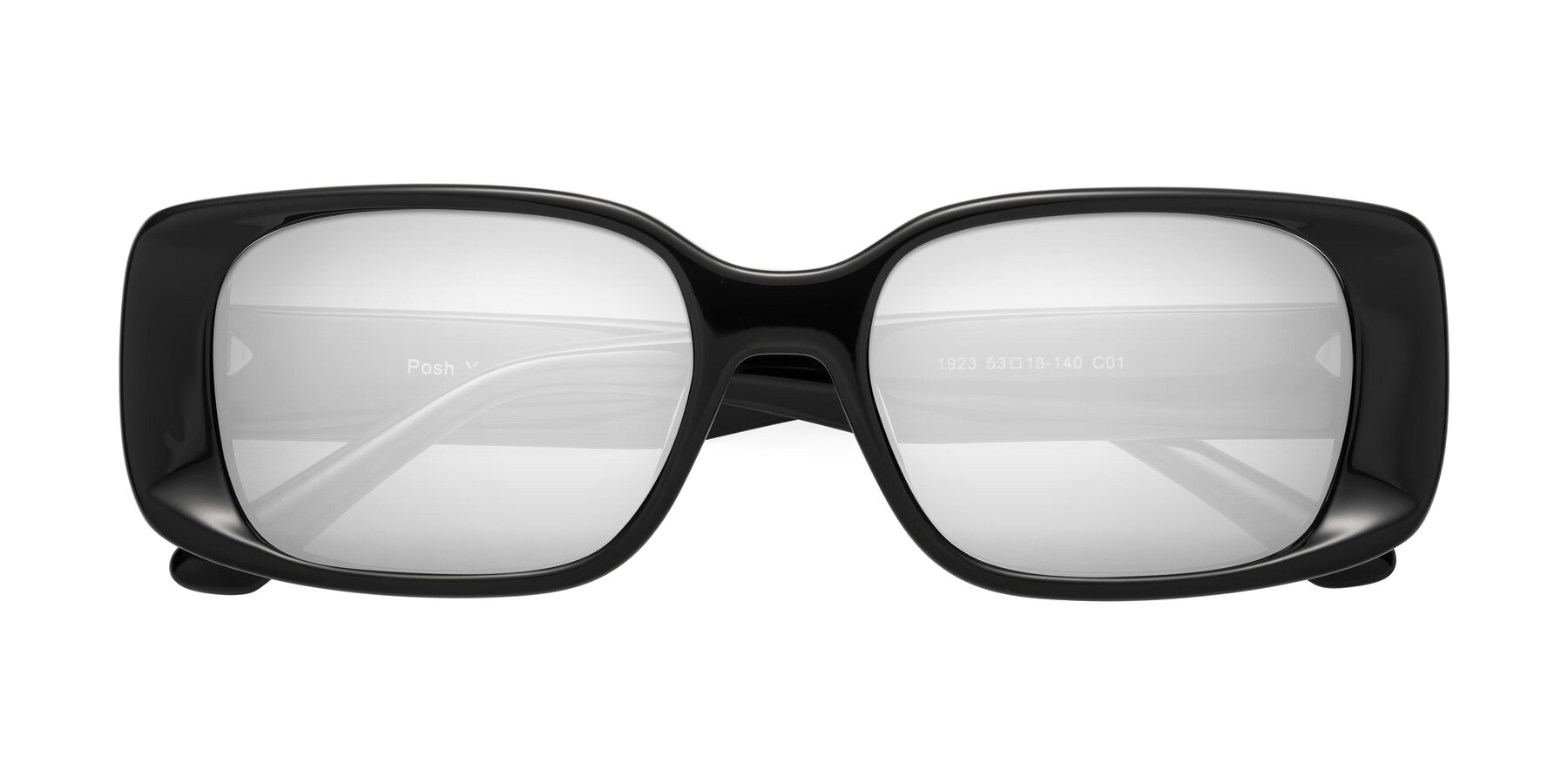 Folded Front of Posh in Black with Silver Mirrored Lenses
