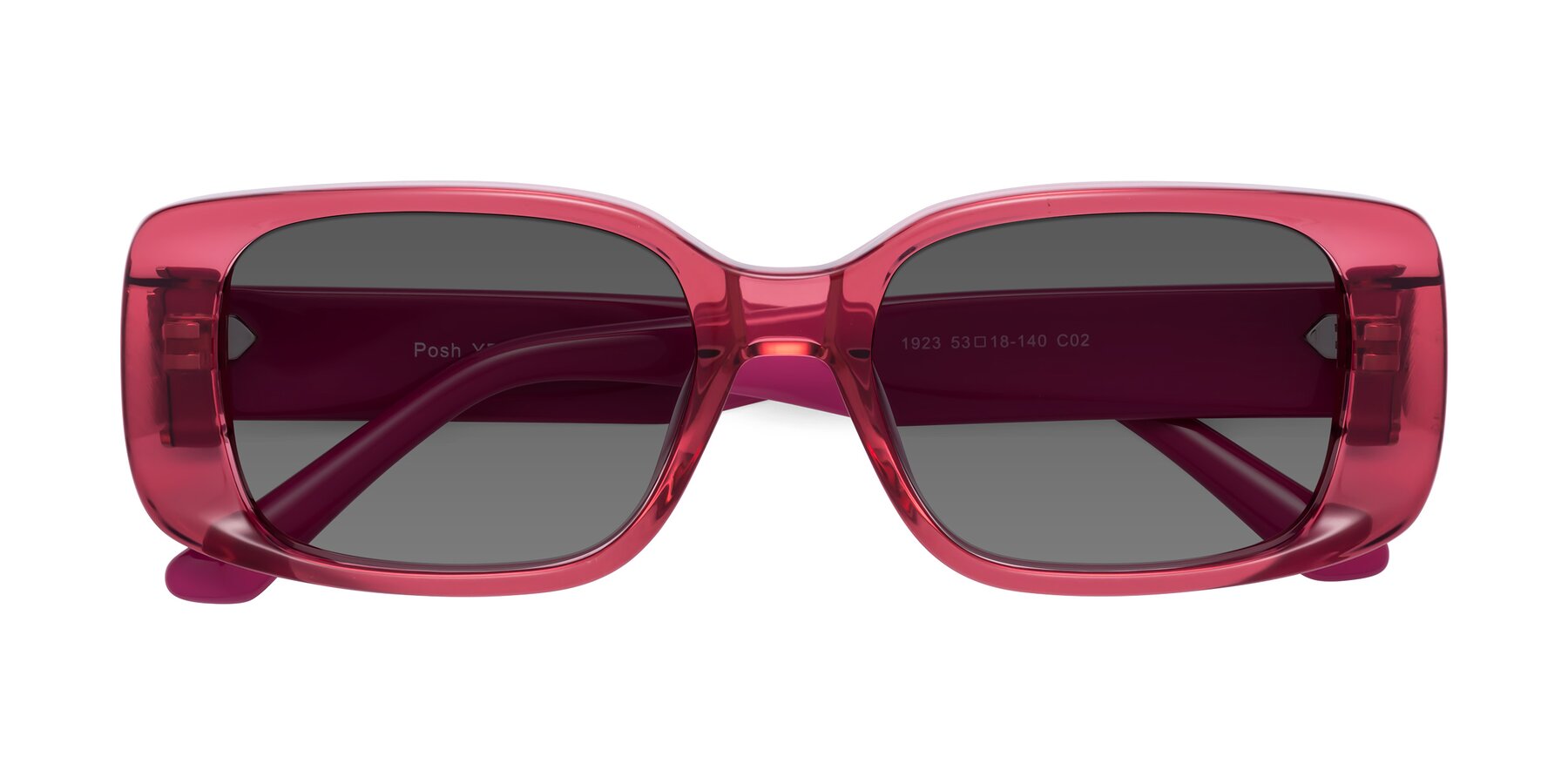 Folded Front of Posh in Transparent Pink with Medium Gray Tinted Lenses