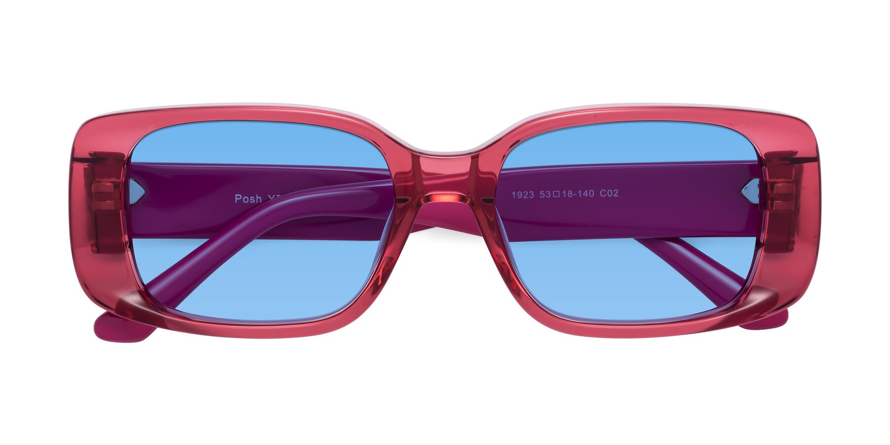 Folded Front of Posh in Transparent Pink with Medium Blue Tinted Lenses