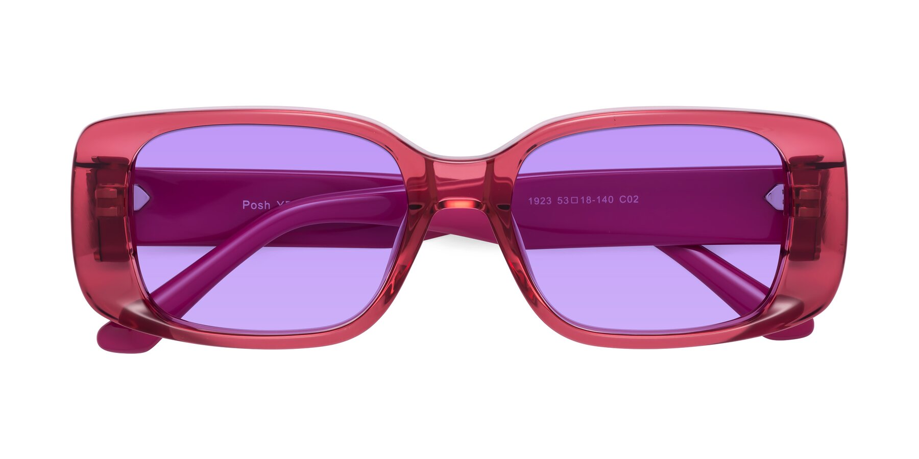Folded Front of Posh in Transparent Pink with Medium Purple Tinted Lenses