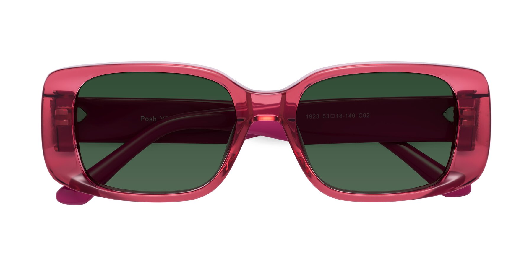Folded Front of Posh in Transparent Pink with Green Tinted Lenses
