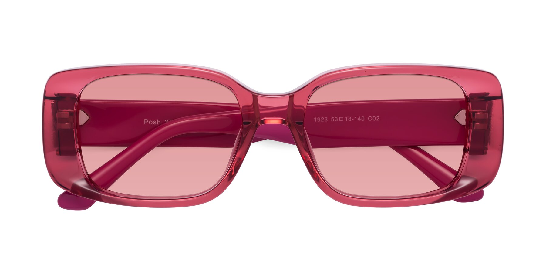 Folded Front of Posh in Transparent Pink with Medium Garnet Tinted Lenses