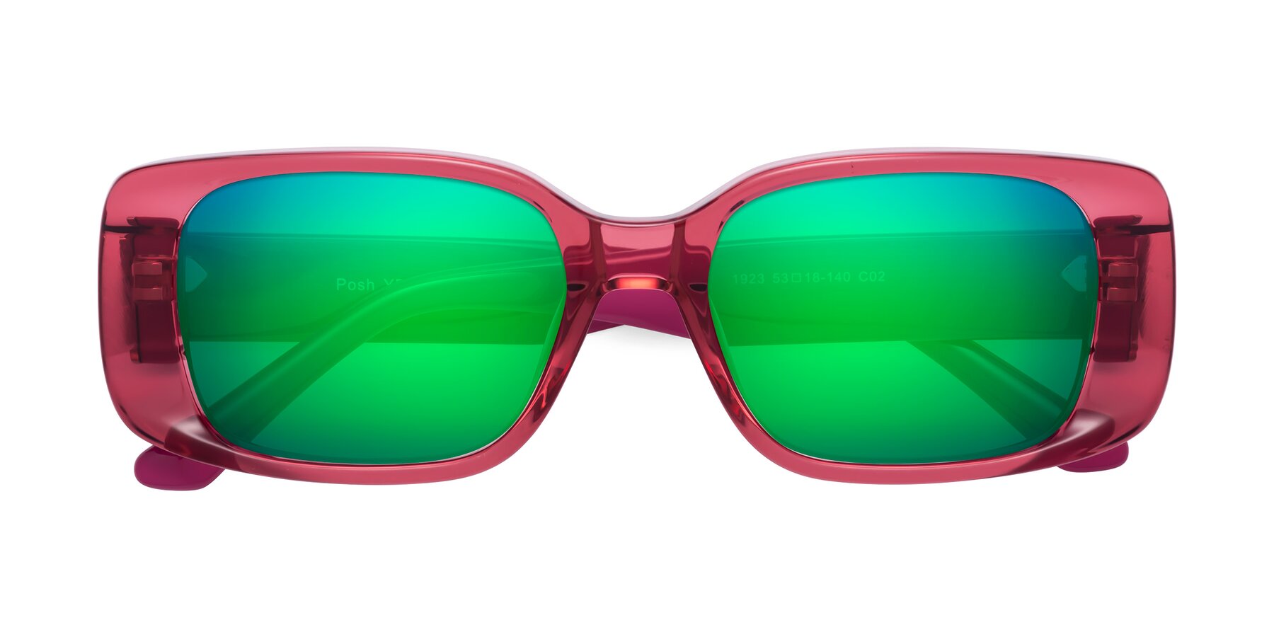 Folded Front of Posh in Transparent Pink with Green Mirrored Lenses