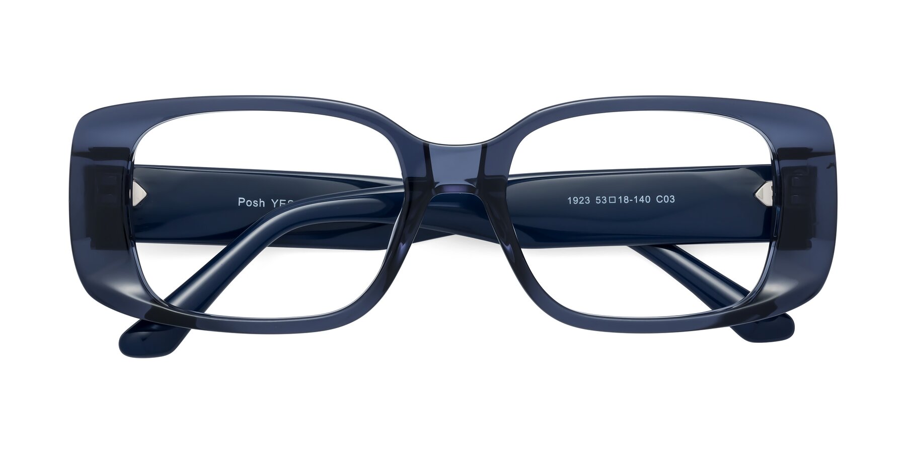 Folded Front of Posh in Translucent Blue with Clear Reading Eyeglass Lenses