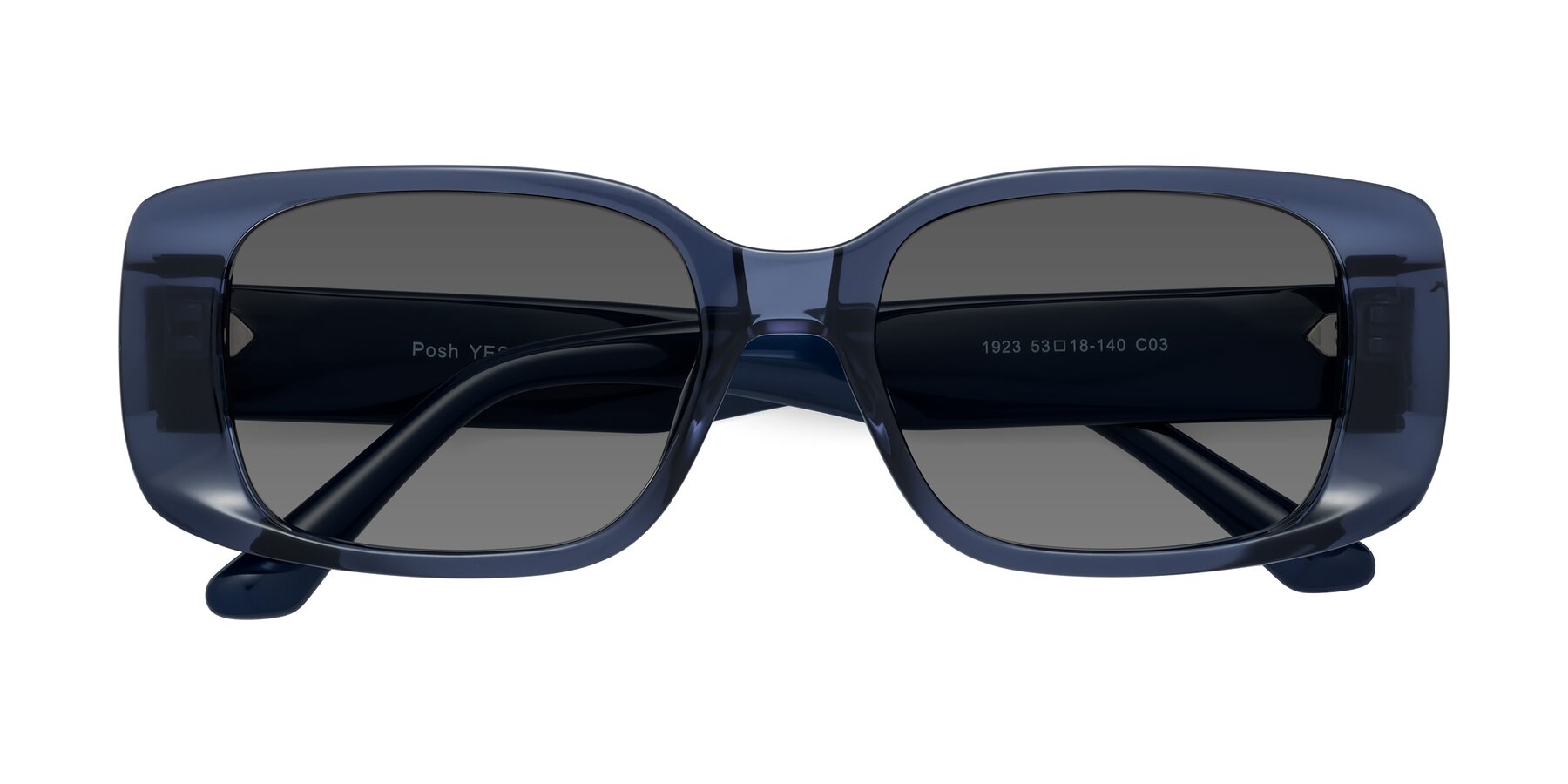 Folded Front of Posh in Translucent Blue with Medium Gray Tinted Lenses