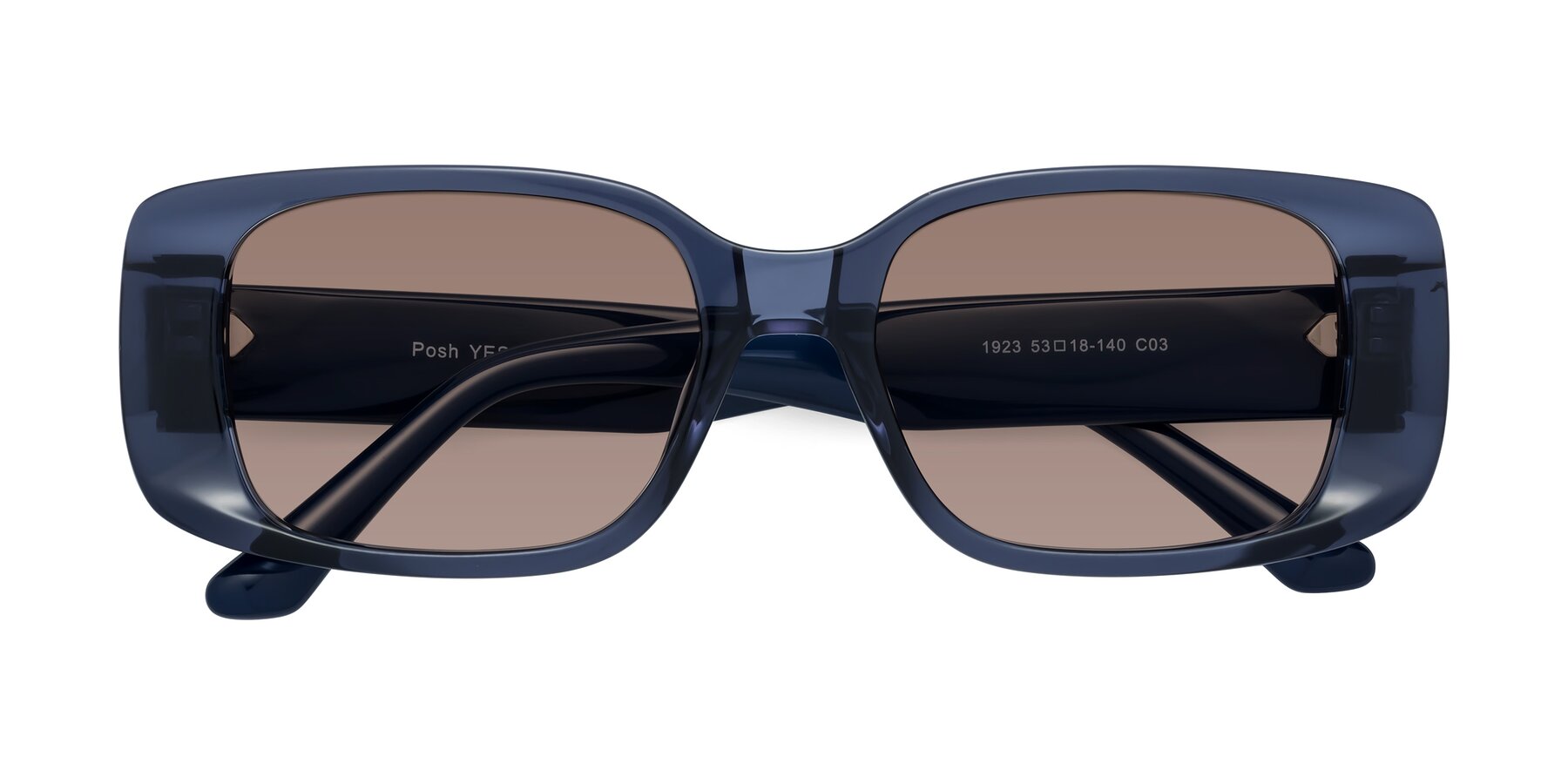 Folded Front of Posh in Translucent Blue with Medium Brown Tinted Lenses