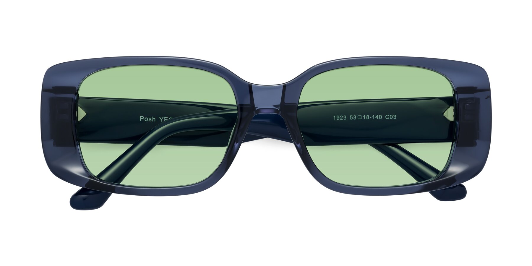 Folded Front of Posh in Translucent Blue with Medium Green Tinted Lenses