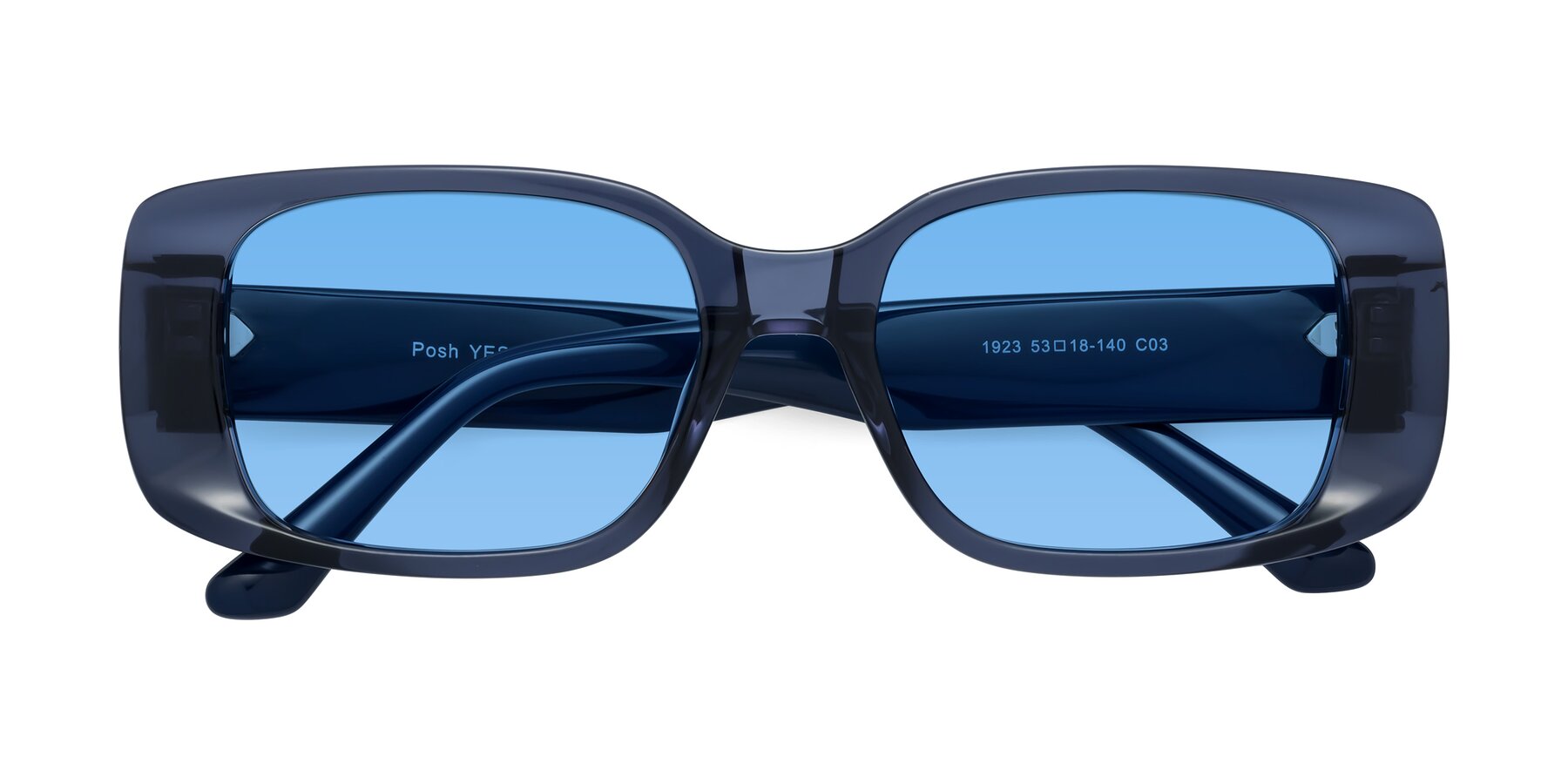 Folded Front of Posh in Translucent Blue with Medium Blue Tinted Lenses