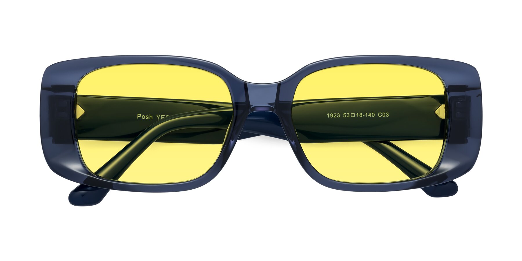 Folded Front of Posh in Translucent Blue with Medium Yellow Tinted Lenses