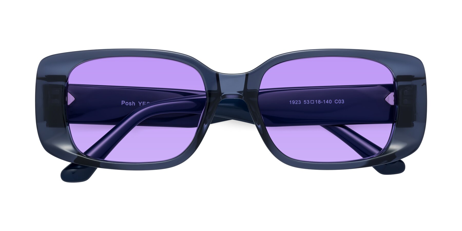 Folded Front of Posh in Translucent Blue with Medium Purple Tinted Lenses