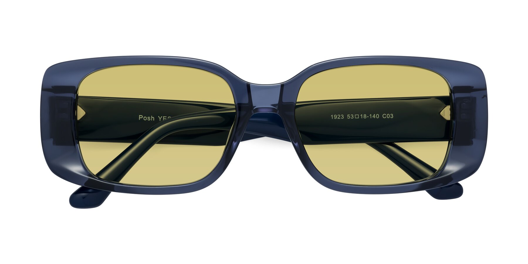 Folded Front of Posh in Translucent Blue with Medium Champagne Tinted Lenses